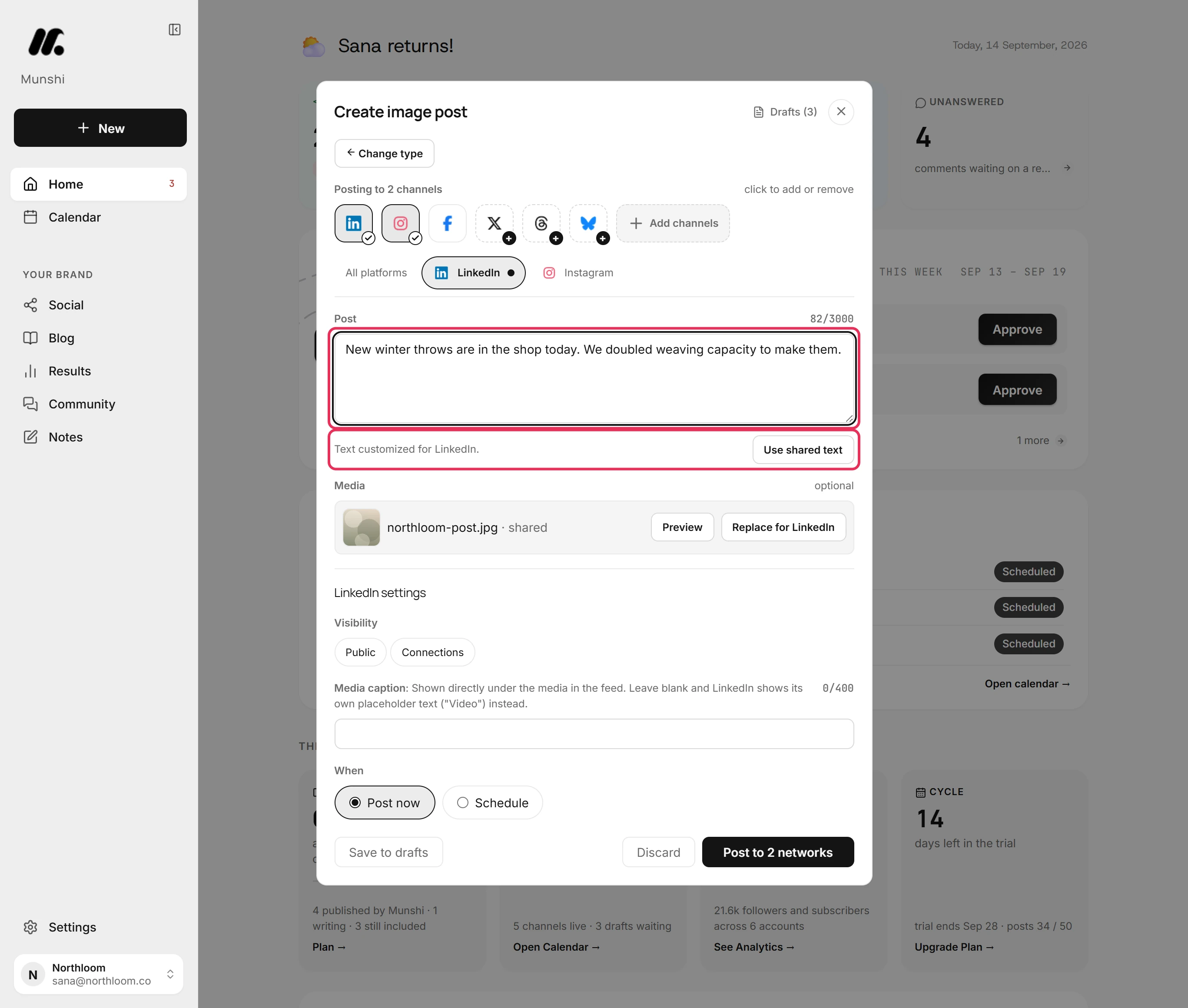 The LinkedIn tab with a longer caption and the line Text customized for LinkedIn beside a Use shared text button.