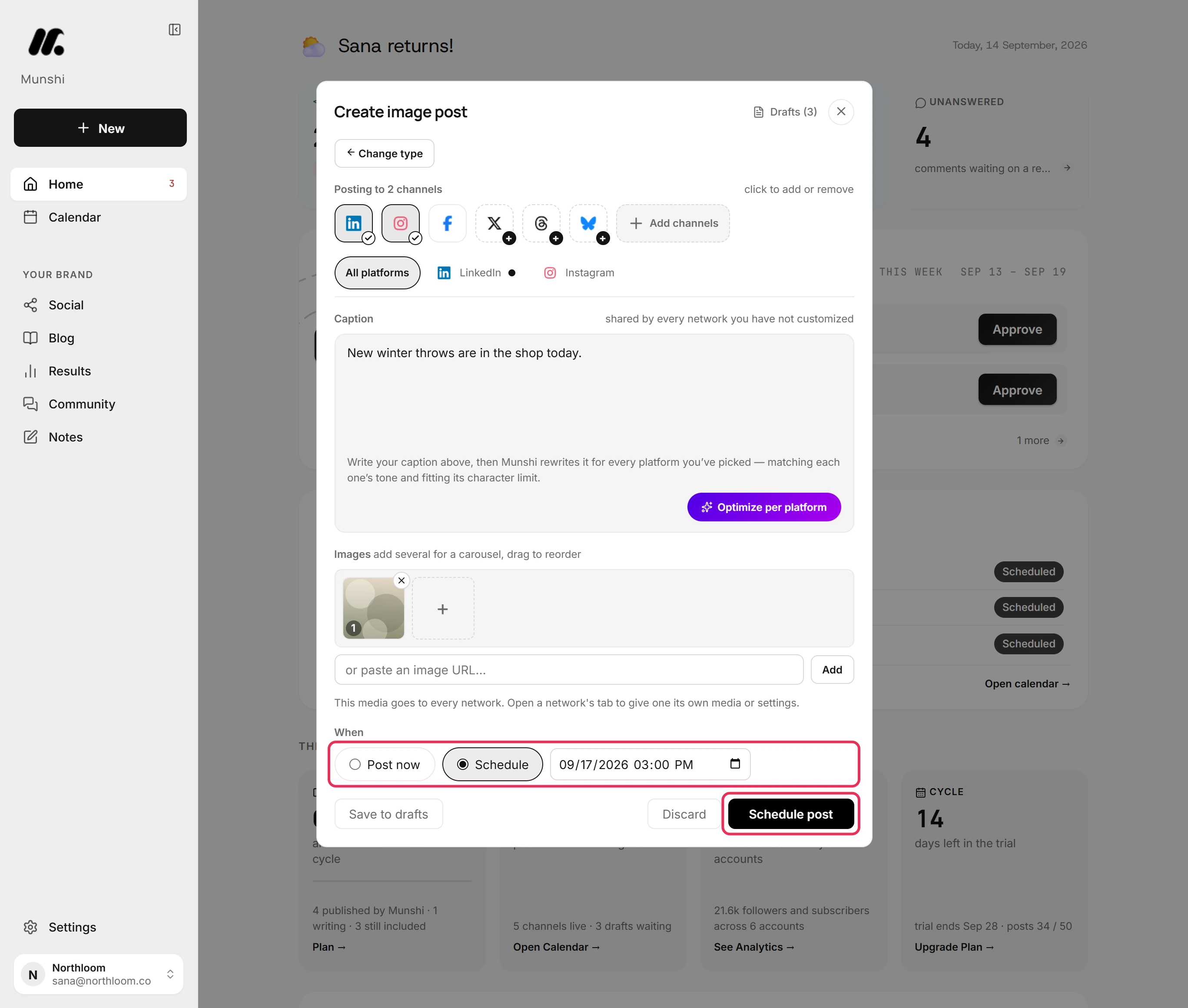 The When row with Schedule selected and a time set, and the Schedule post button outlined in red.