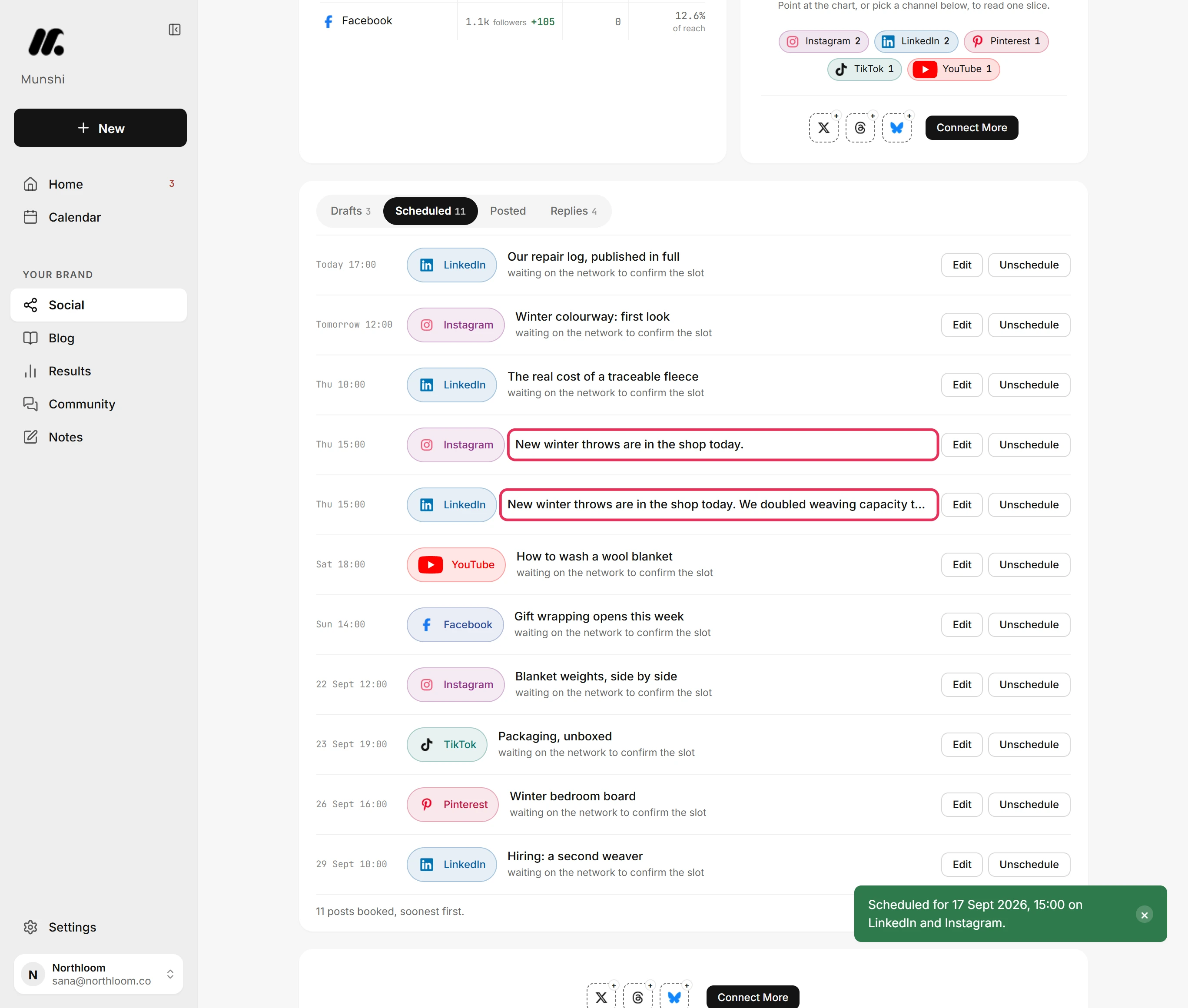 The Scheduled tab with the LinkedIn row showing the longer caption and the Instagram row showing the shared one.