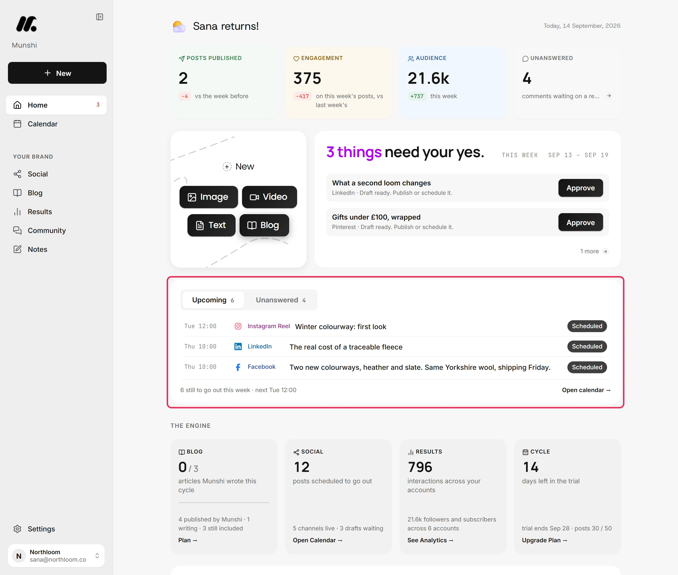 The Upcoming tab listing three scheduled posts with their day, time and network.
