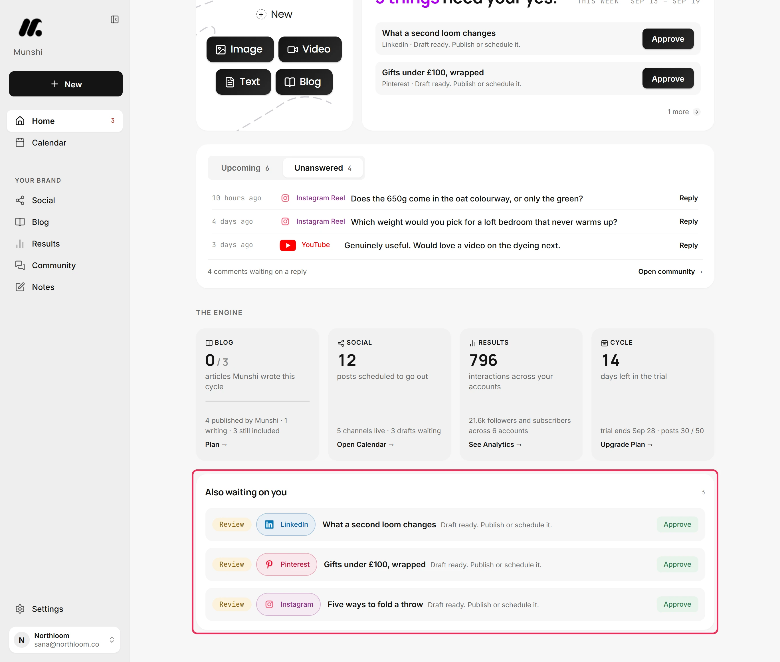 The Also waiting on you list with three drafts, each tagged Review, with its network and an Approve button.