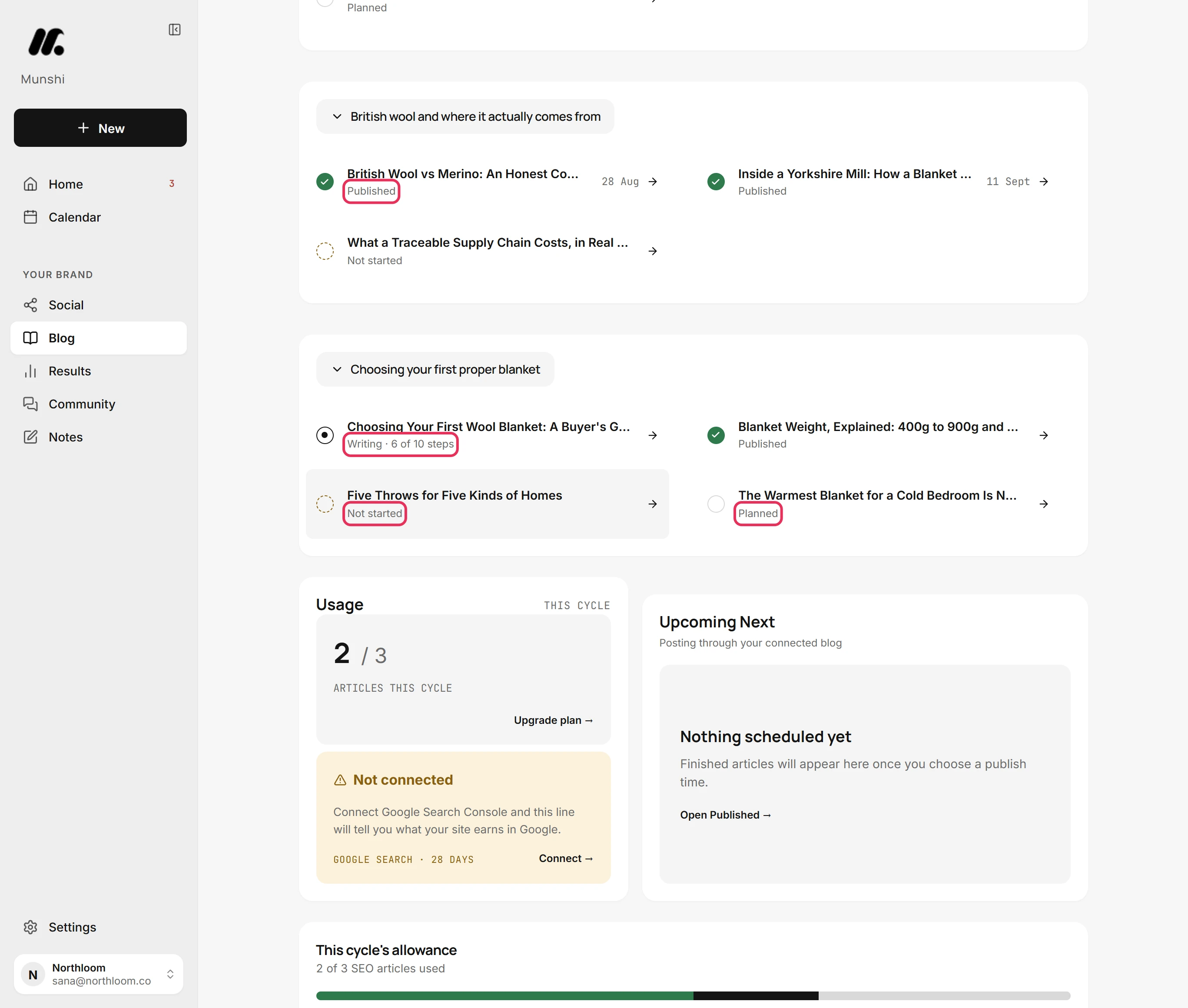 Article rows in two focus areas, reading Published, Writing, Planned and Not started.