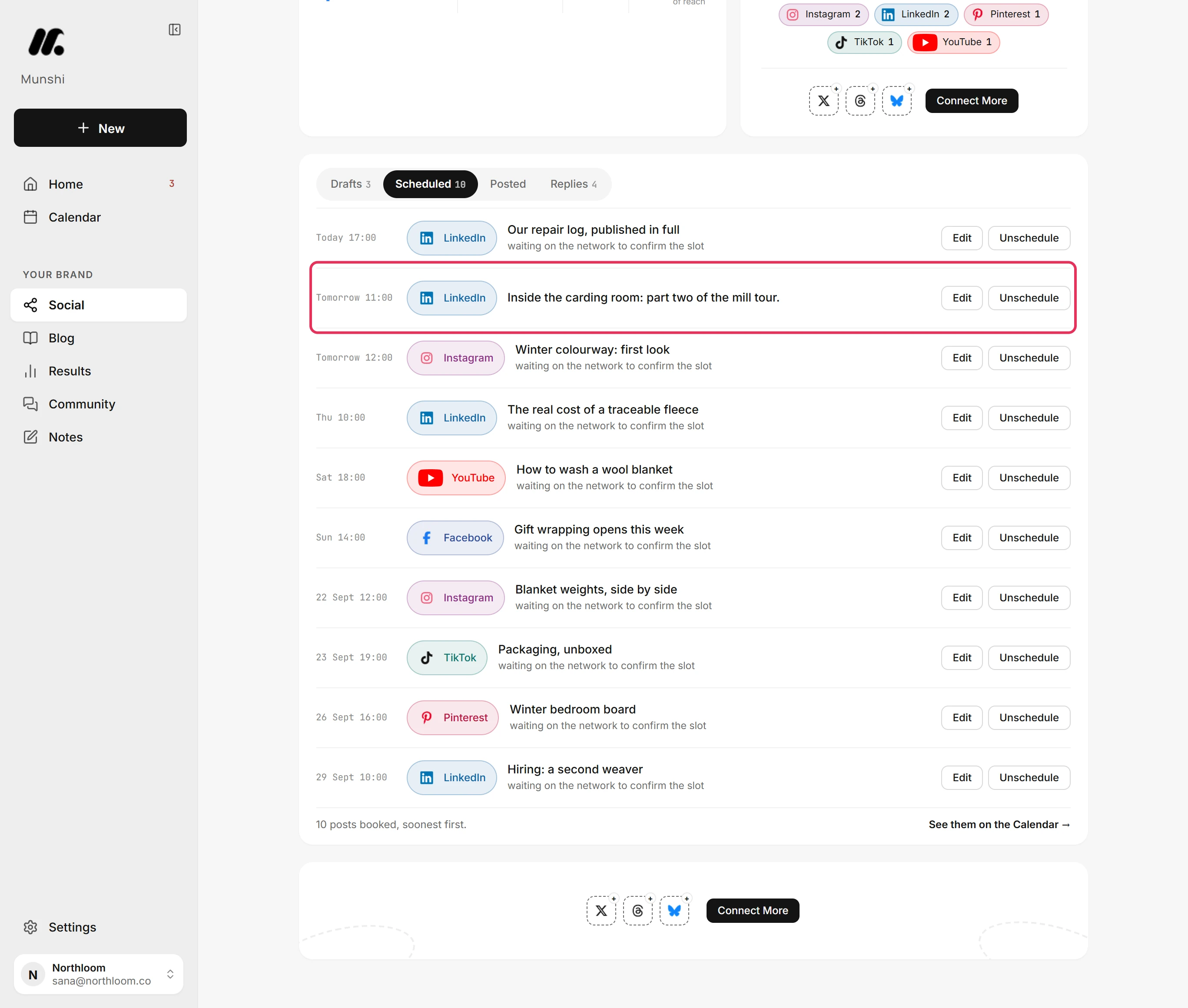 The Scheduled tab on the Social page, with the carding room post booked on LinkedIn outlined in red.