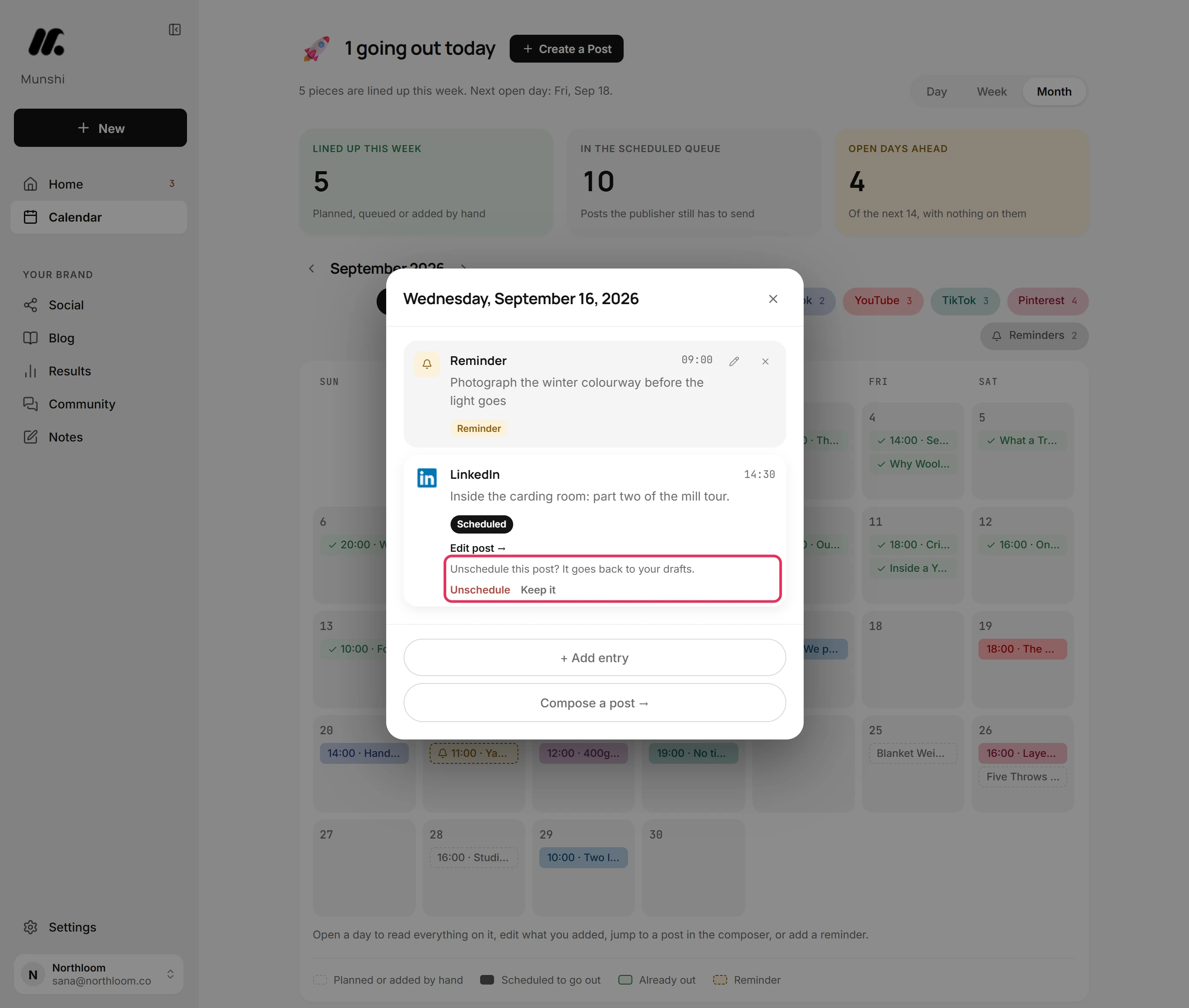 The confirm line under the post, reading Unschedule this post? It goes back to your drafts, with Unschedule and Keep it buttons.