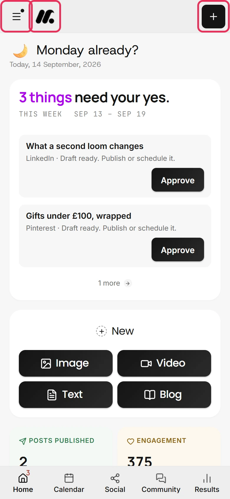 Home at phone width, with the menu button, the Munshi mark and the plus button outlined in the top bar.