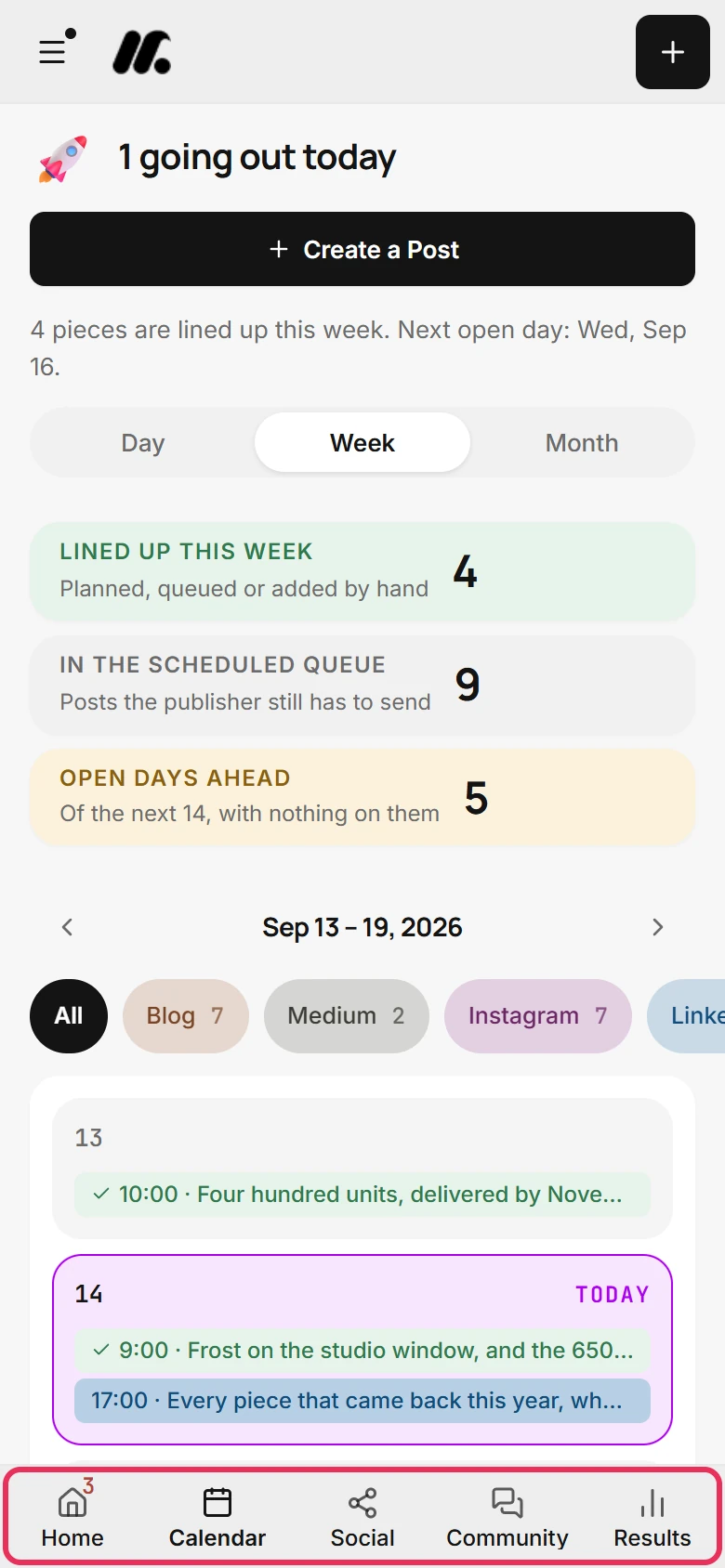 The Calendar at phone width, open on this week, with the bottom bar outlined and a red 3 on Home.