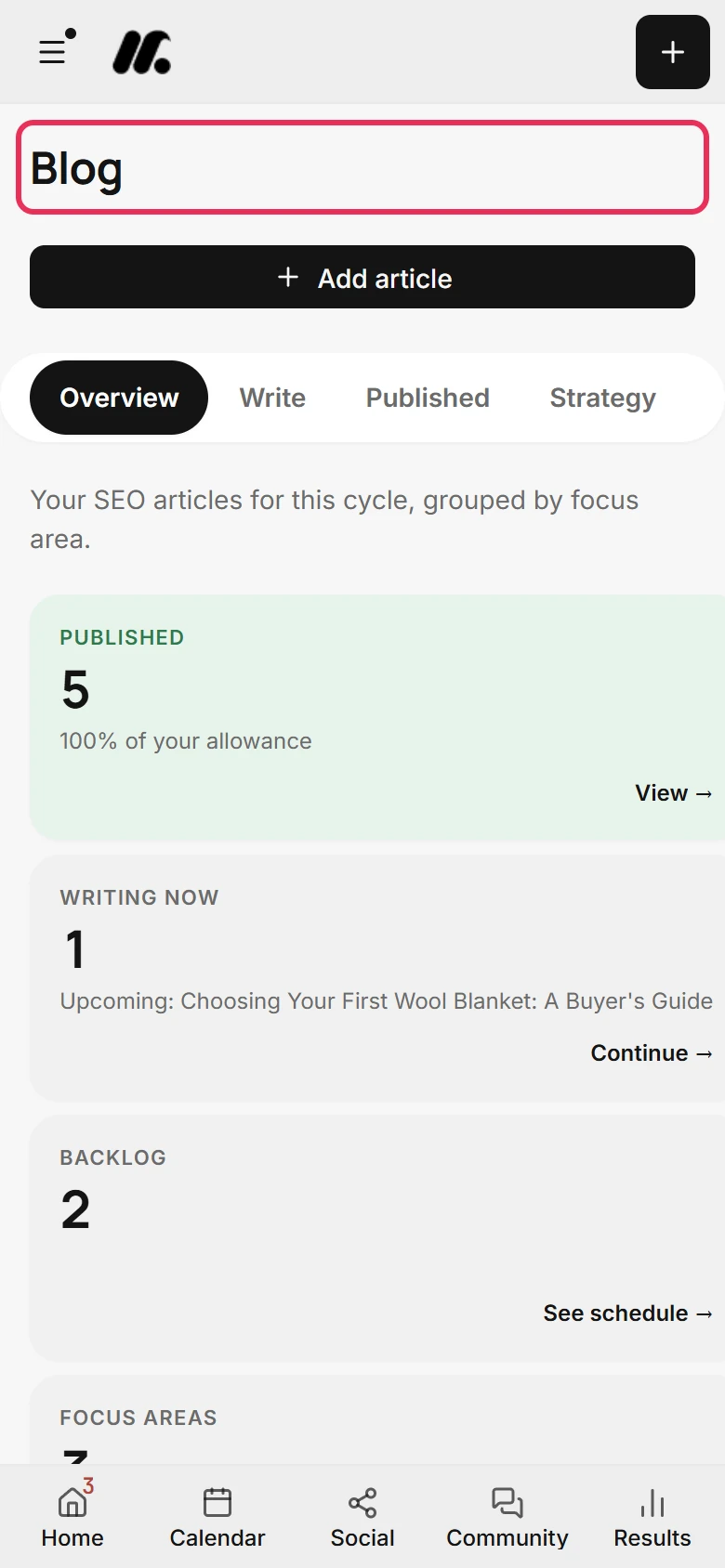 The Blog page at phone width after choosing Blog in the menu, with its heading outlined and the drawer closed.