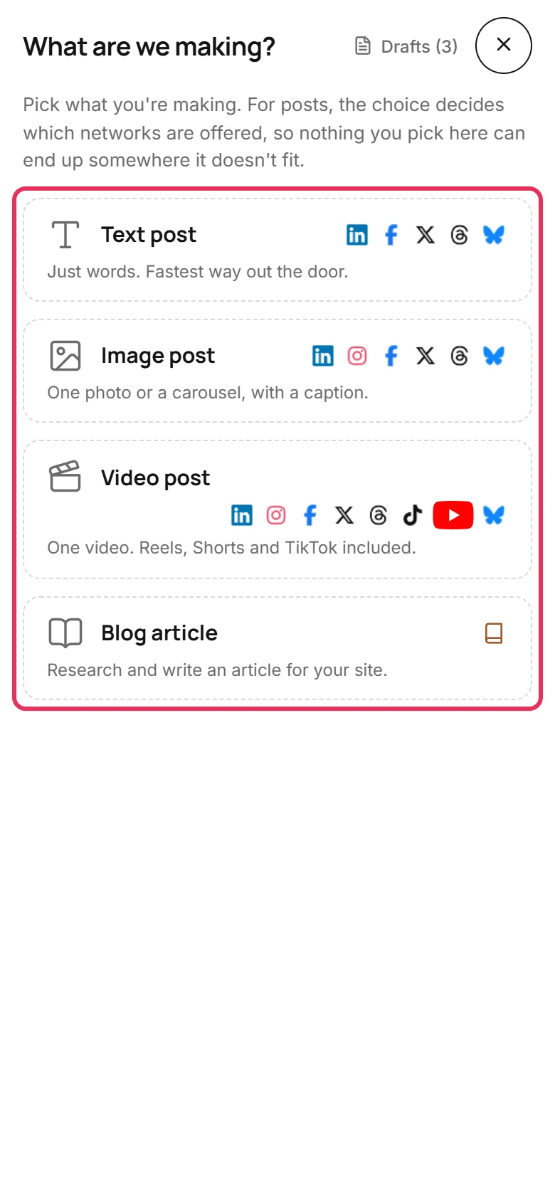 The What are we making? screen at phone width, with Text post, Image post, Video post and Blog article outlined.