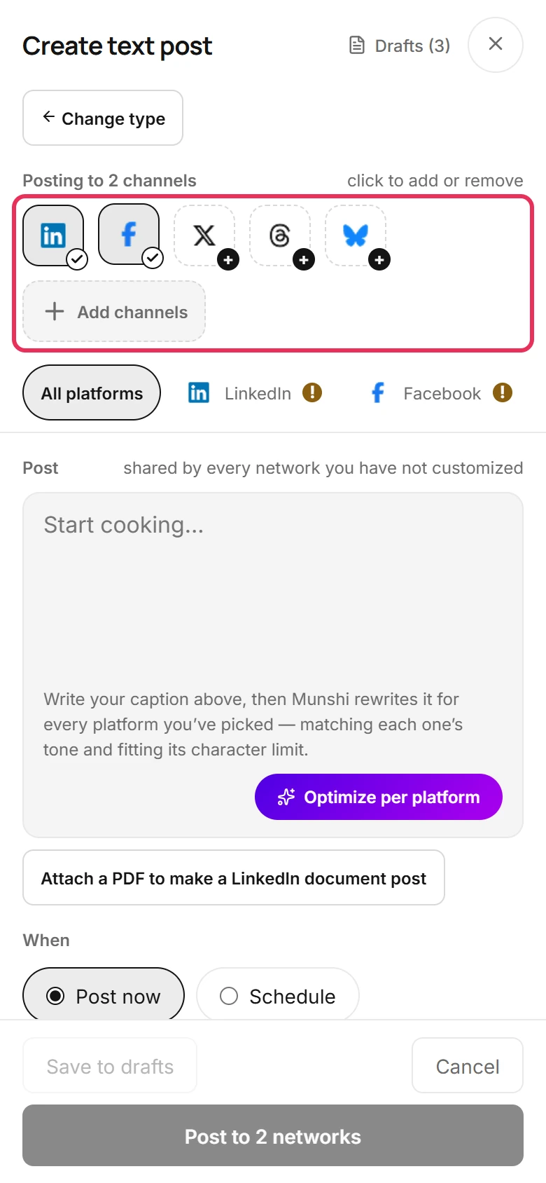 Create text post at phone width with LinkedIn and Facebook picked, the network row outlined, and a tab for each network below it.