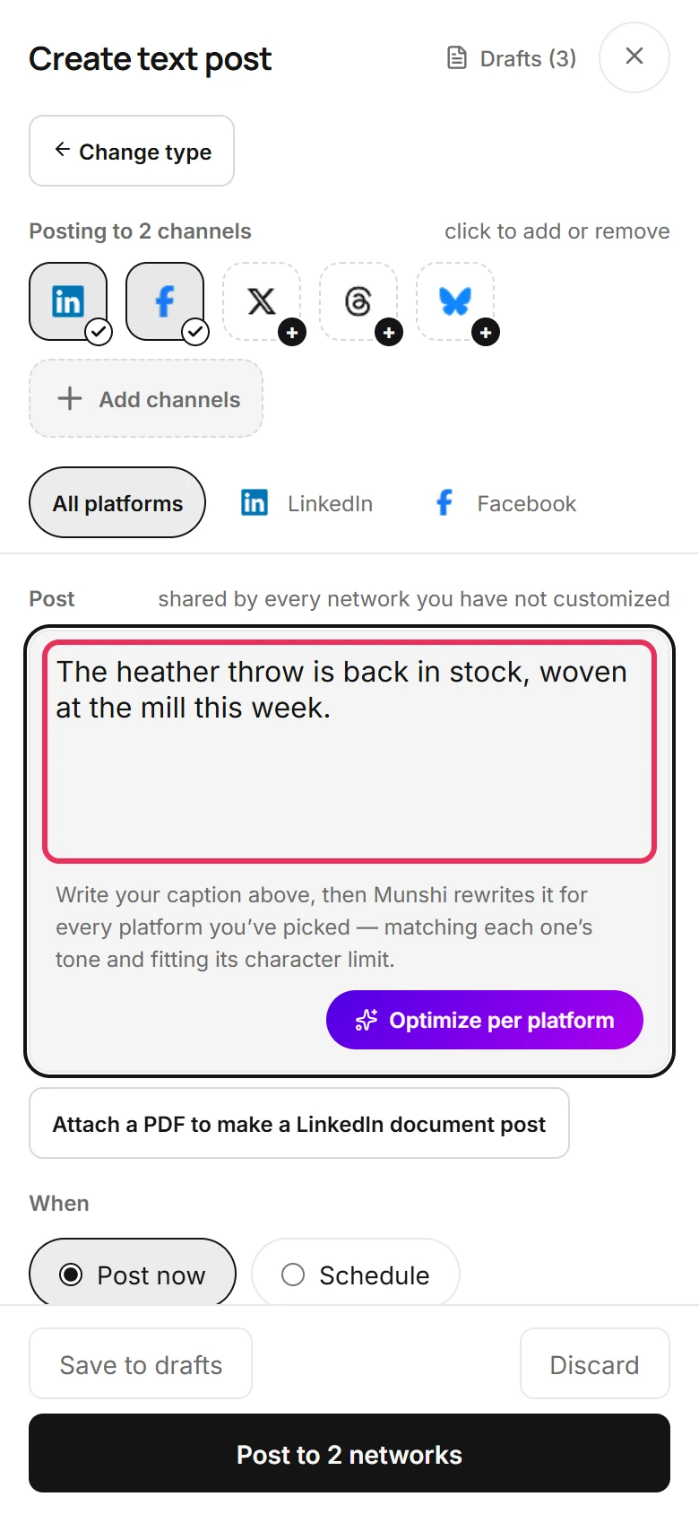 The Post box at phone width with a short post typed in and outlined, under the All platforms, LinkedIn and Facebook tabs.