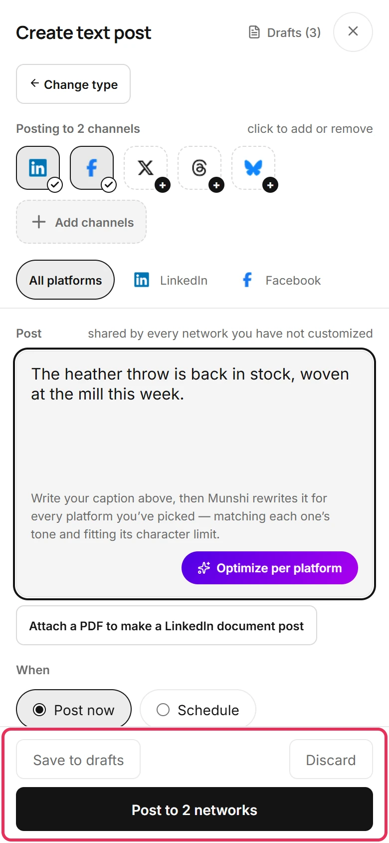 The buttons at the bottom of the composer at phone width, outlined: Save to drafts, Discard and Post to 2 networks.
