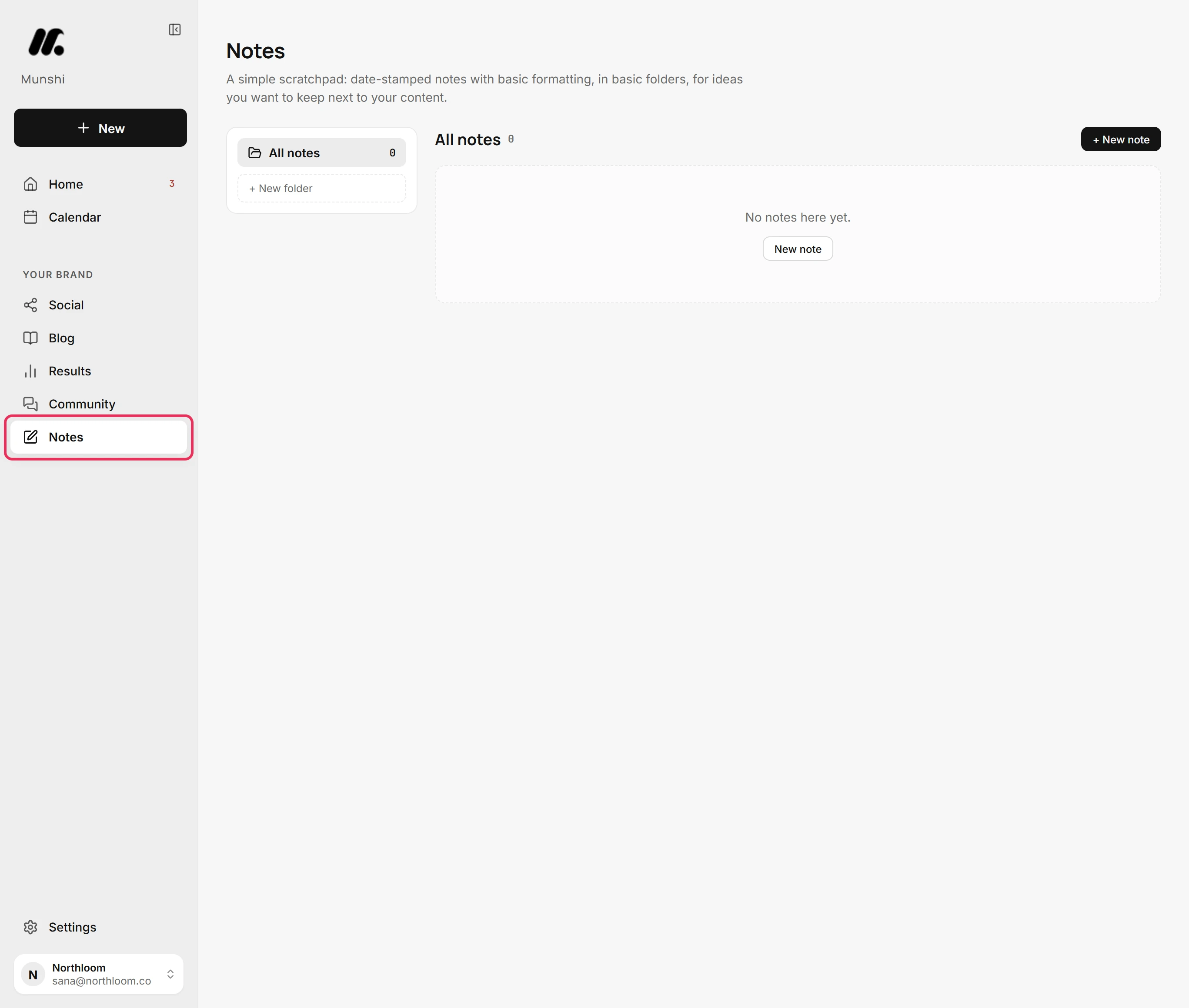 The Notes page, opened from the Notes item in the sidebar, which is outlined in red.