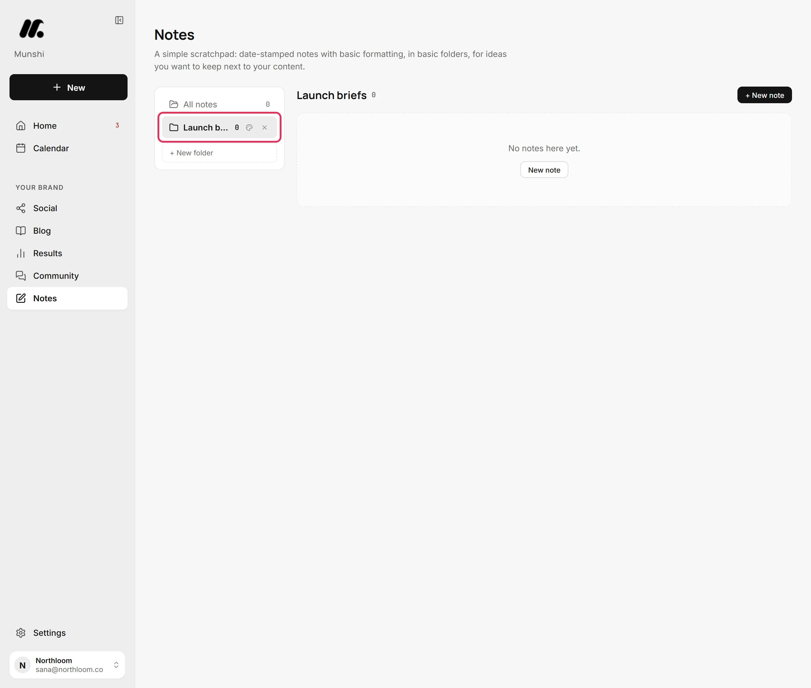 The folder list with a new folder called Launch briefs selected and outlined.