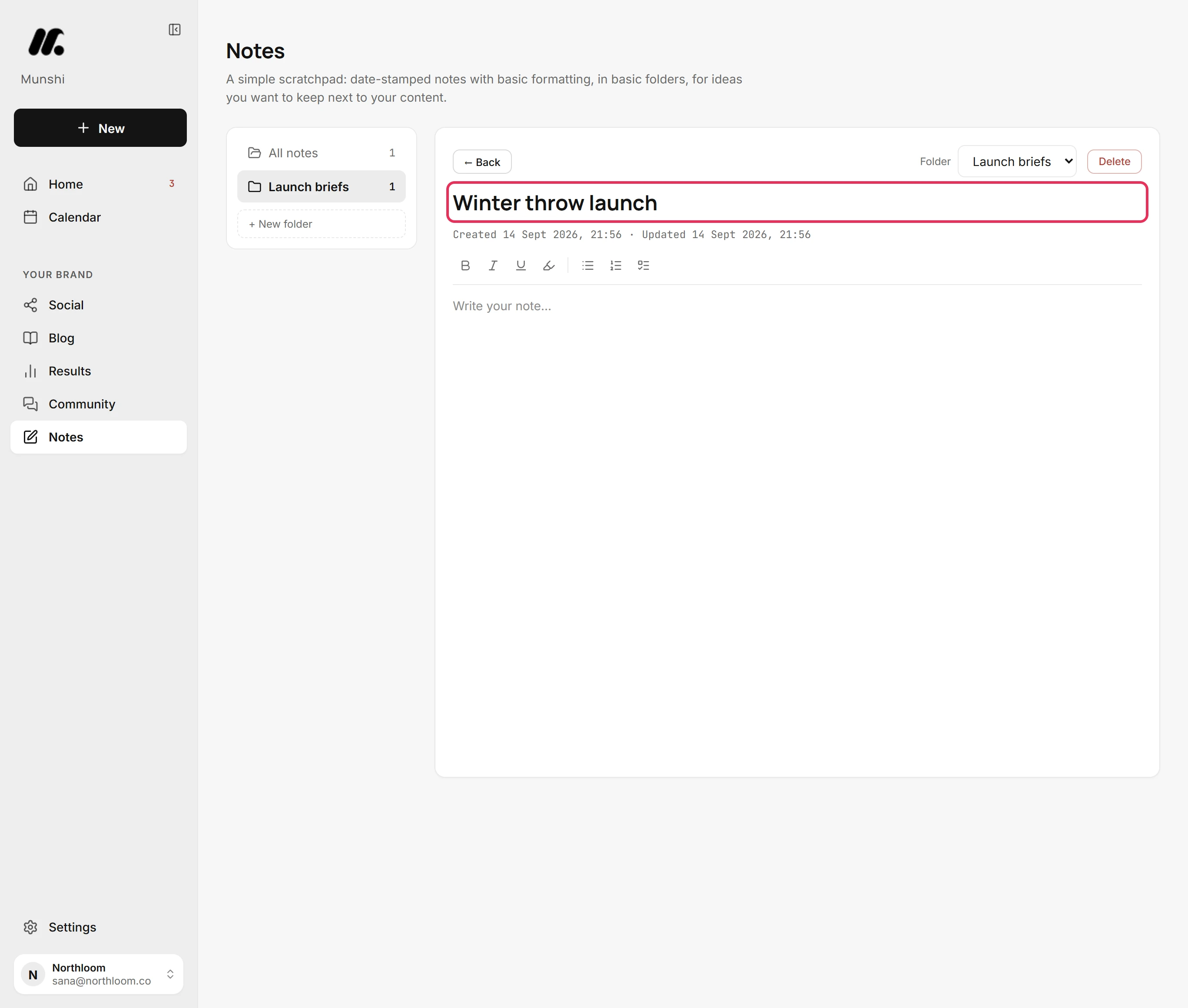 A new note open in the editor with the title Winter throw launch typed in.