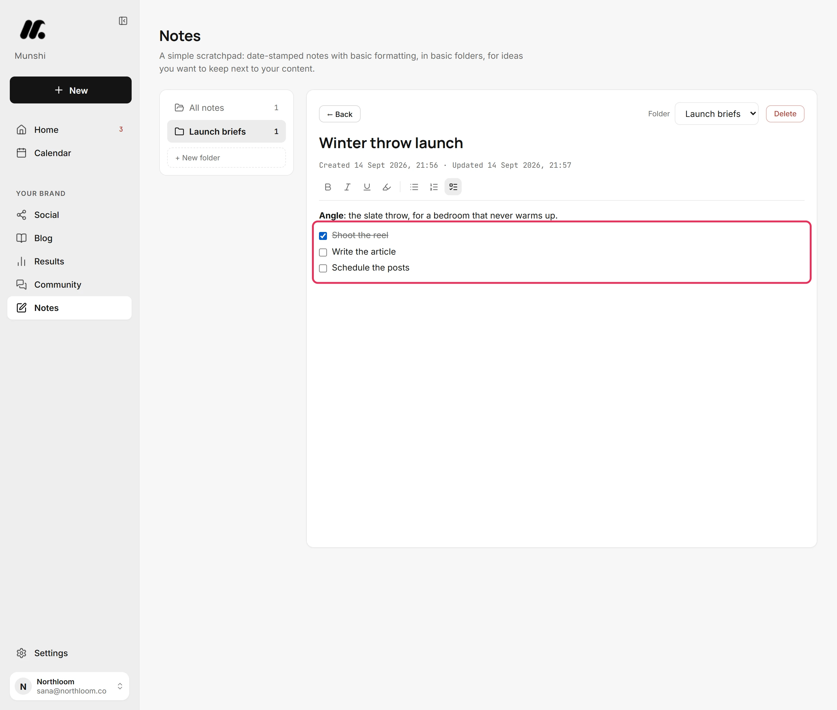 A three-item checklist in the note, with the first item ticked and struck through.