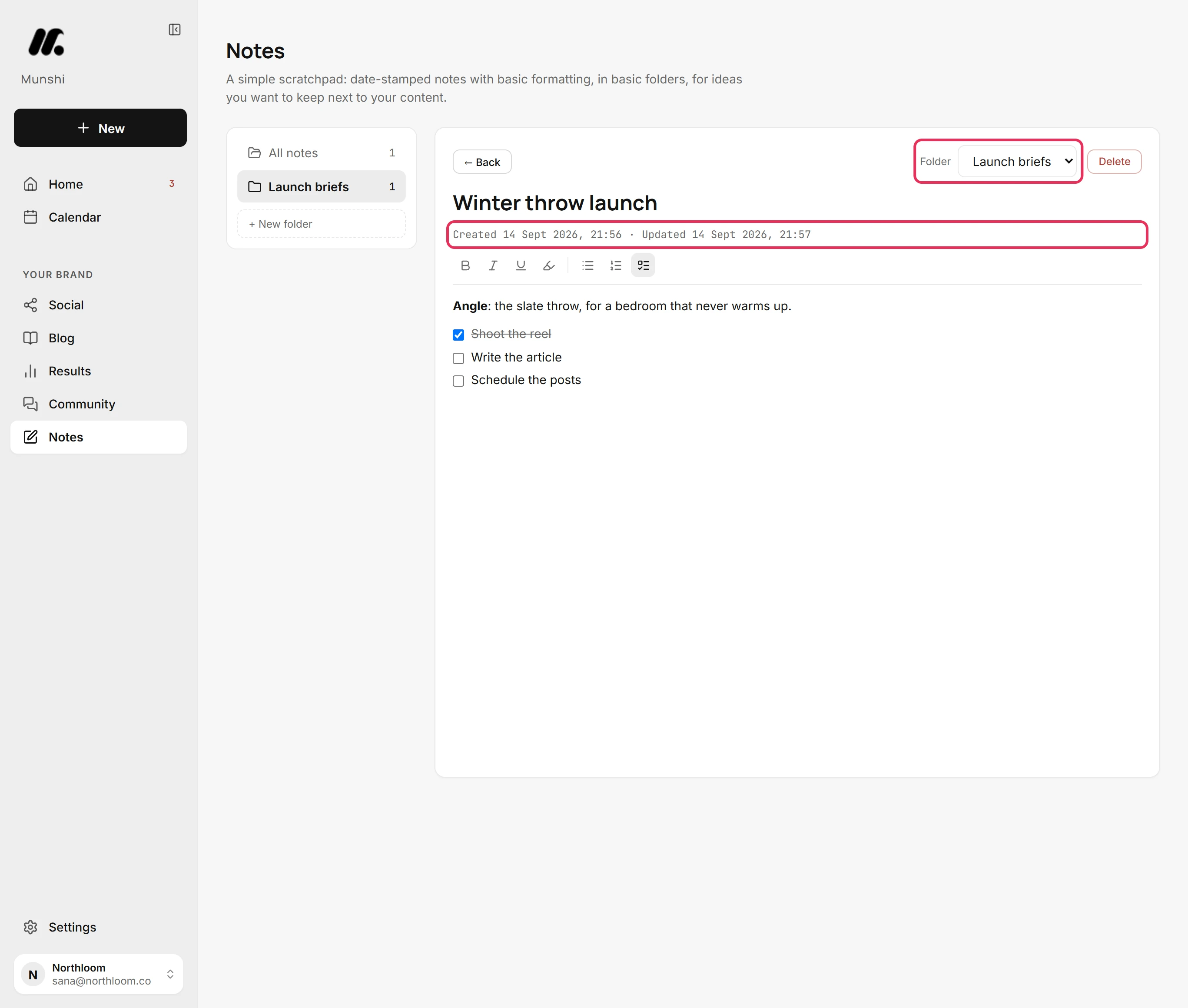 The note's Created and Updated stamps and its Folder menu, outlined.