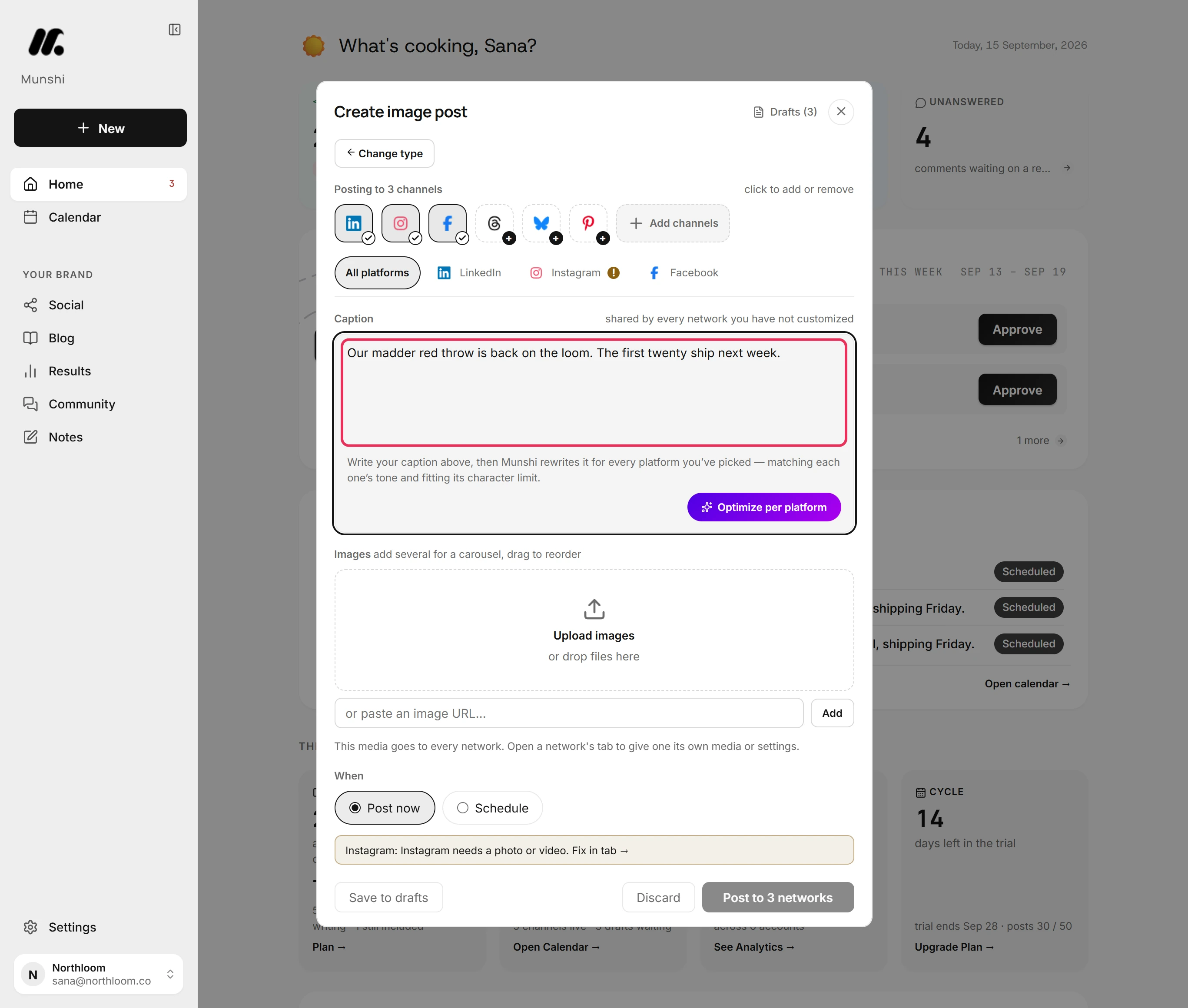 The All platforms tab with a two-sentence caption typed in.