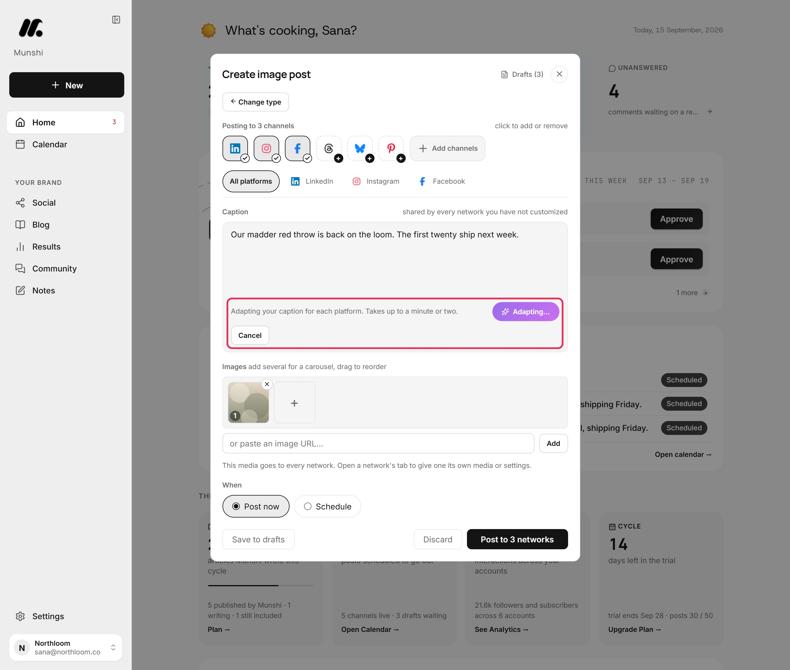 The row under the caption with the note Adapting your caption for each platform, the Adapting button and Cancel, outlined in red.