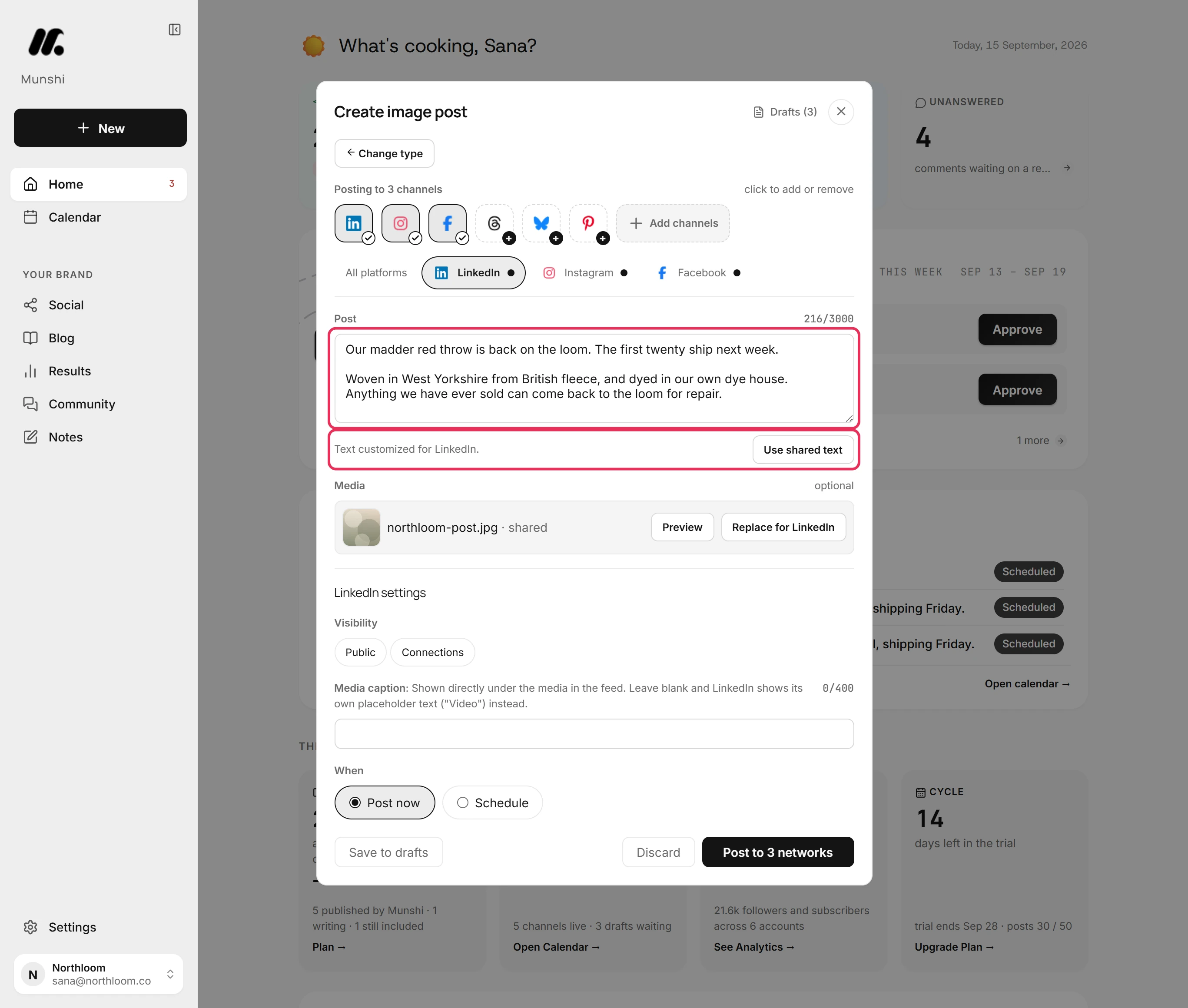 The LinkedIn tab with the caption Munshi wrote, its character count, and the line Text customized for LinkedIn.