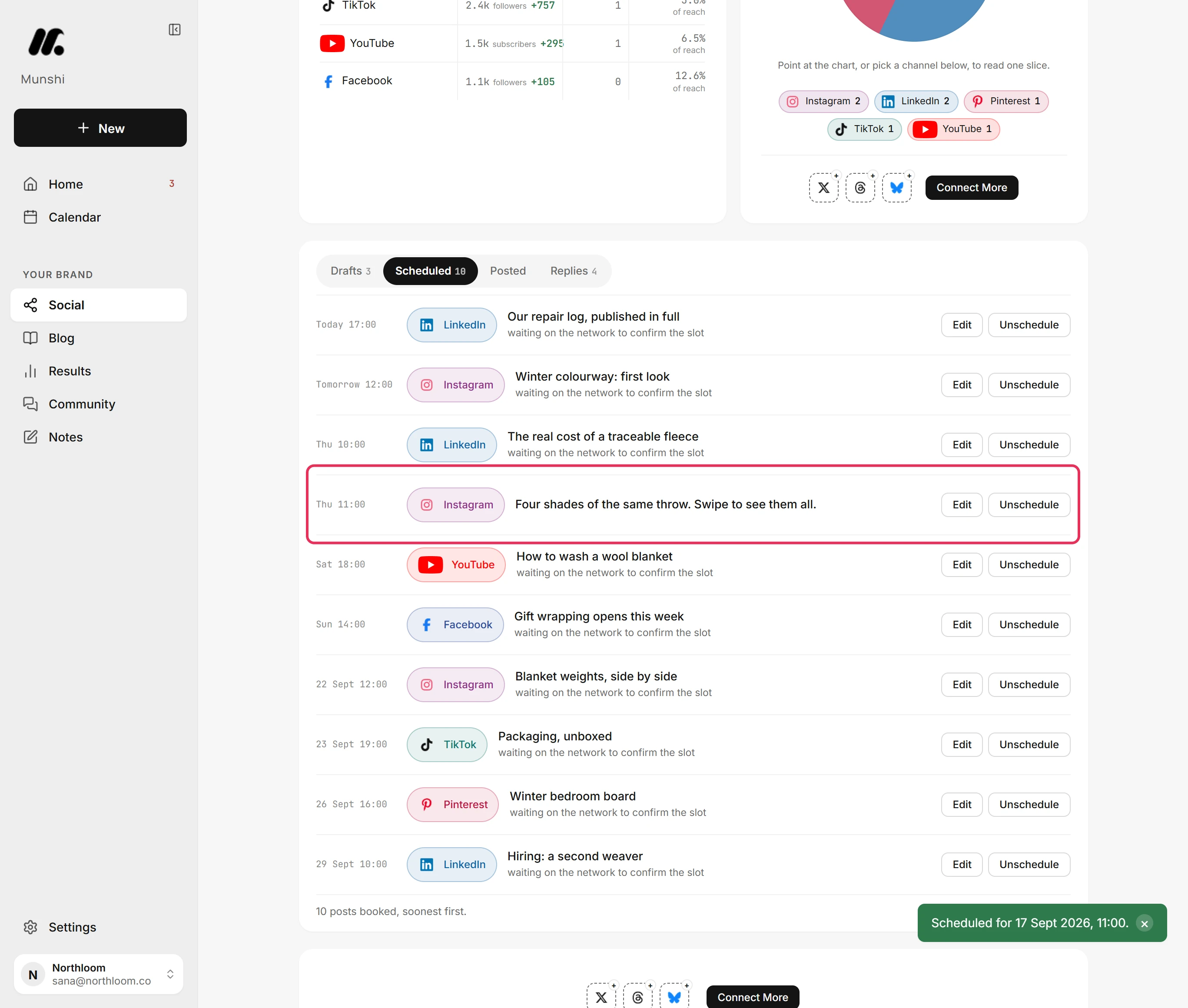 The Scheduled tab of the Social page listing the carousel for Instagram with its time.