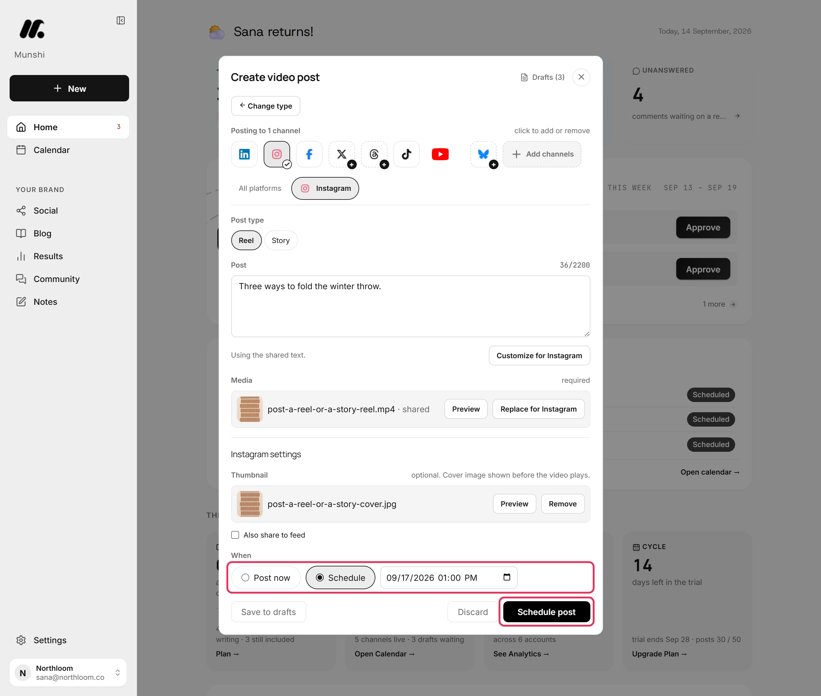 The When row with Schedule selected and a time set, and the Schedule post button outlined in red.
