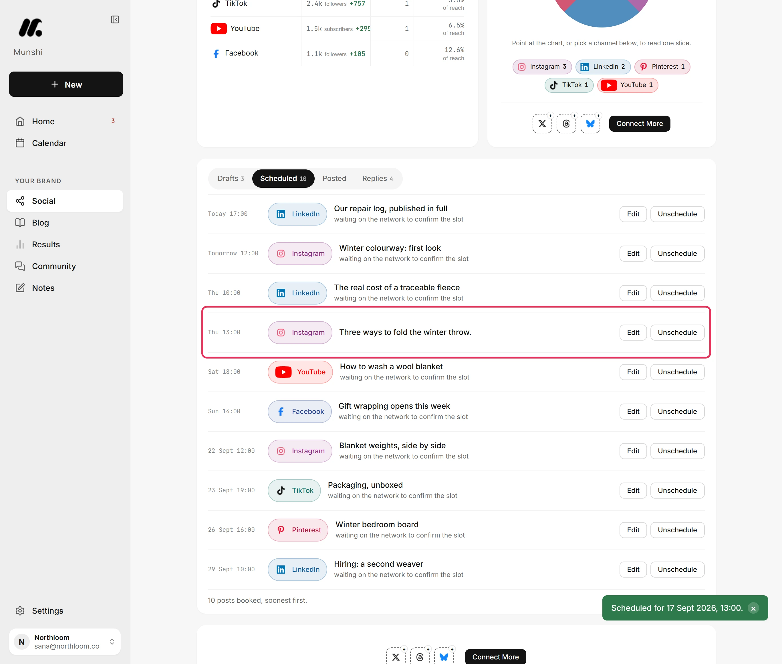 The Scheduled tab of the Social page listing the Reel for Instagram with its time.