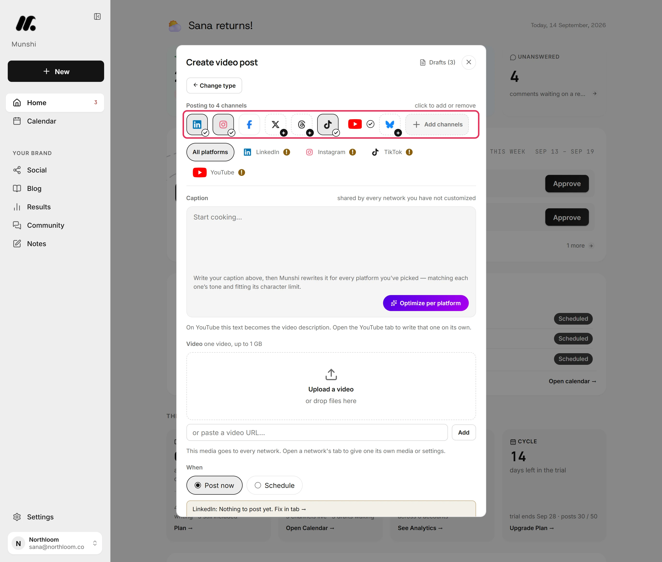 The composer's network row with LinkedIn, Instagram, TikTok and YouTube selected, and three unconnected networks showing a plus.