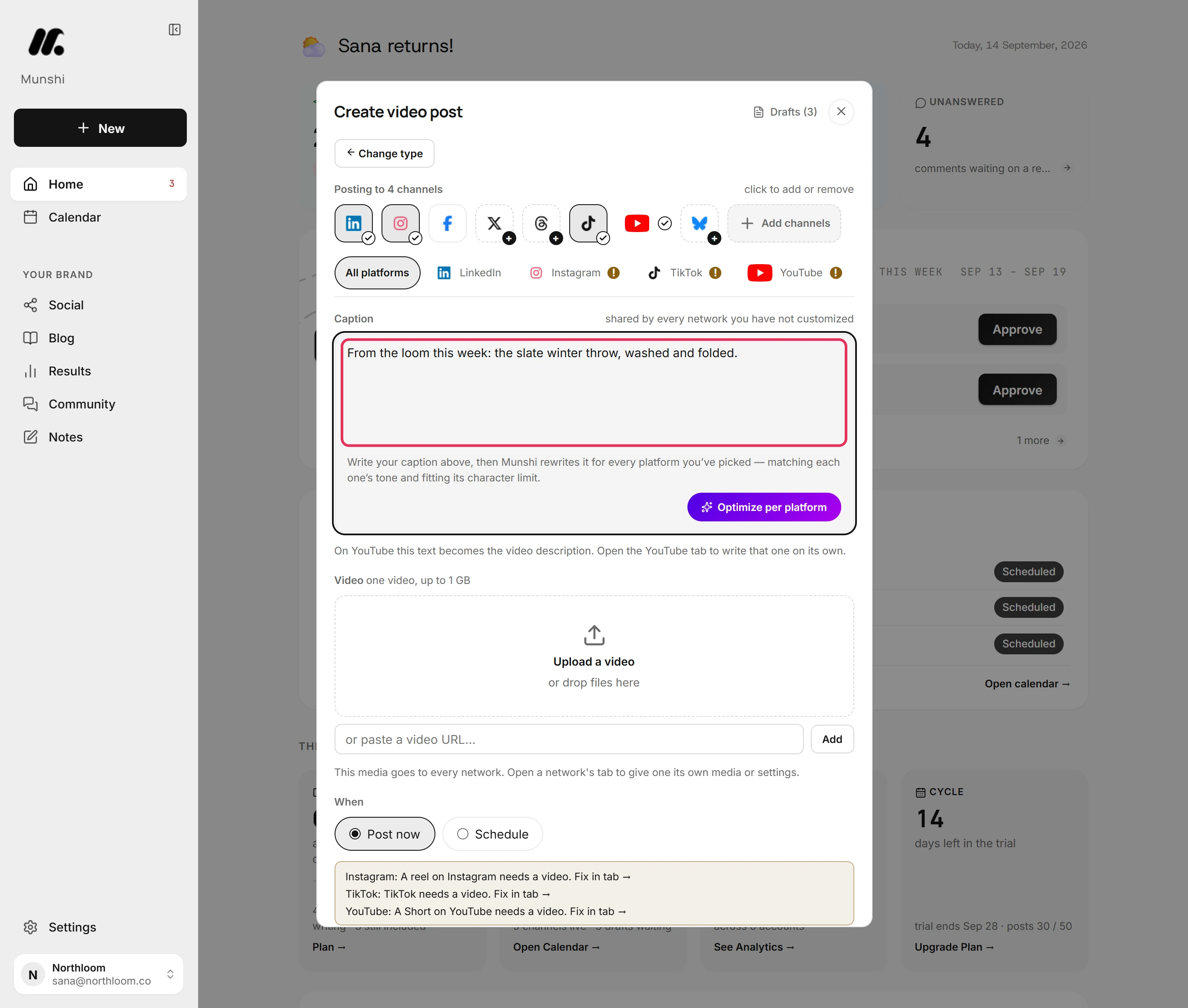 The Caption box in the All platforms tab with a one-line caption typed in.