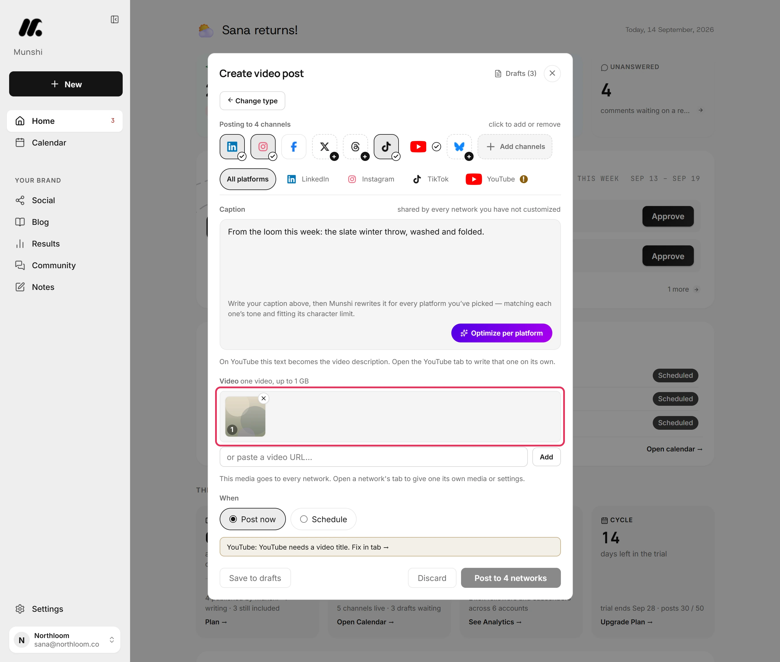The Video area of the composer with the uploaded clip shown as a numbered thumbnail.