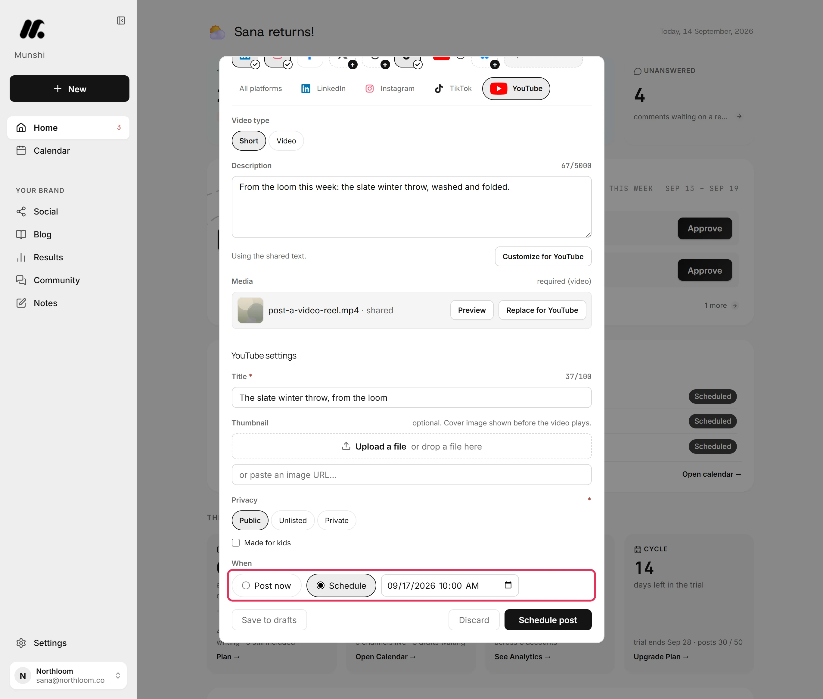 The When row at the bottom of the composer with Schedule selected and a date and time filled in.
