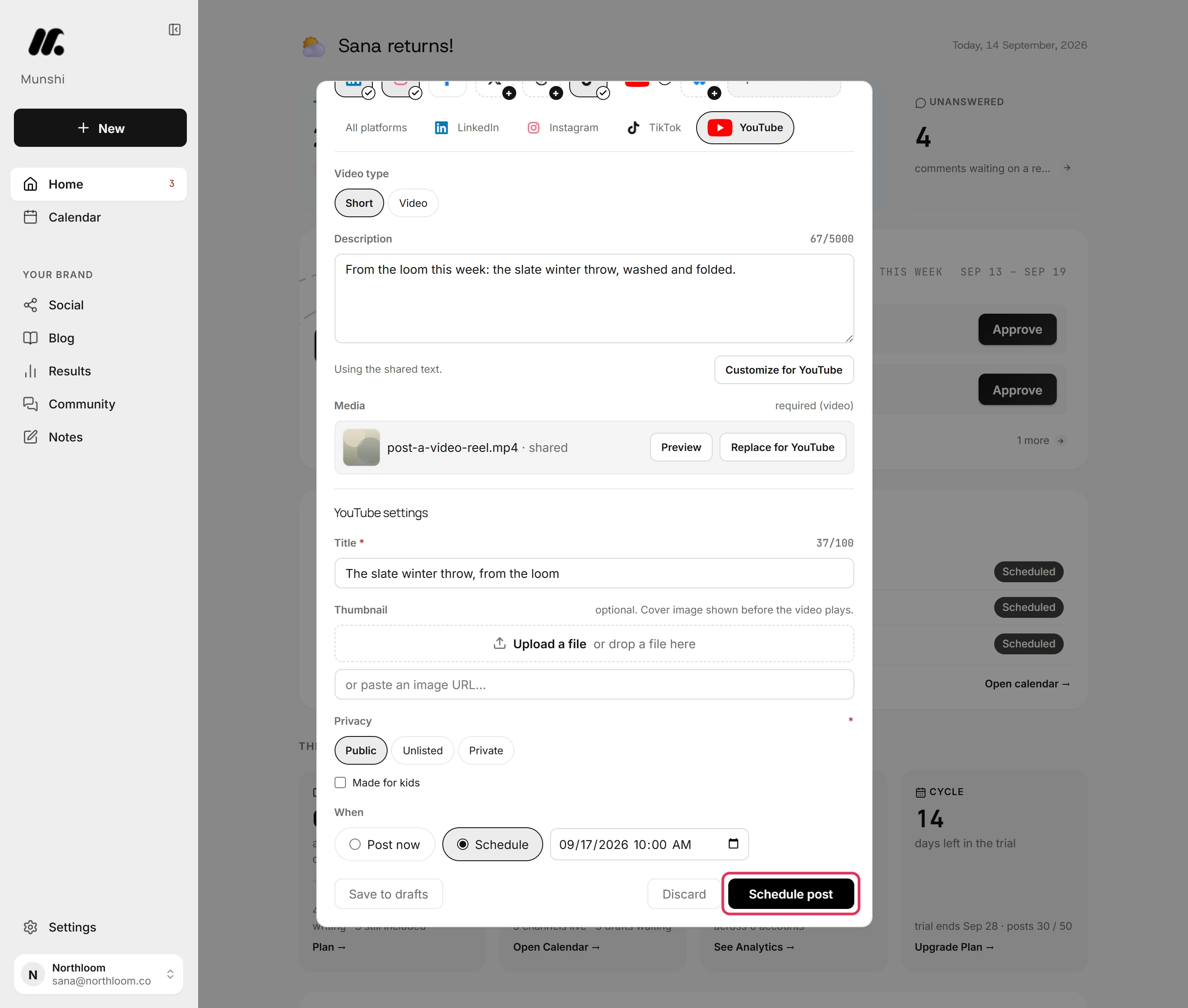 The Schedule post button at the bottom right of the composer, outlined in red.