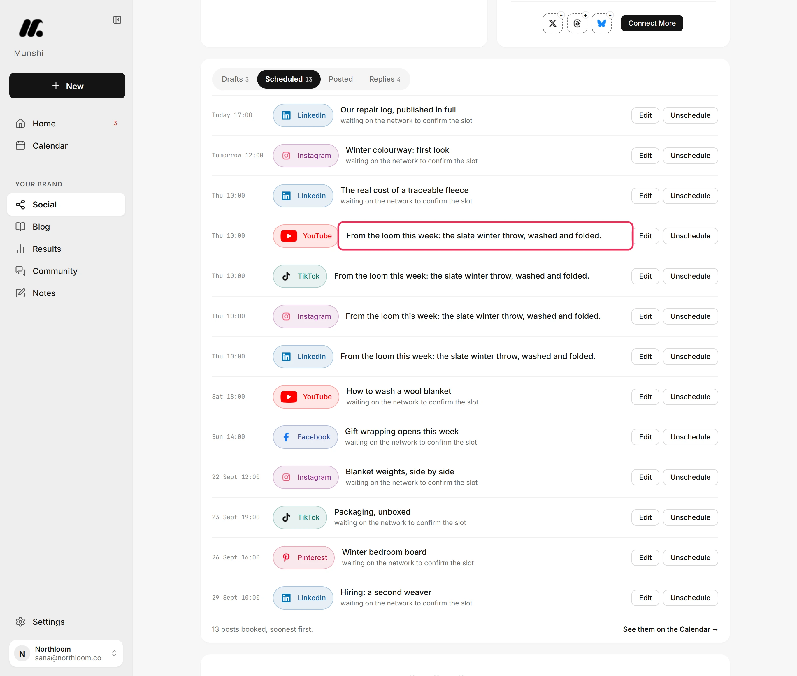 The Scheduled tab of the Social page with the new video listed, and Edit and Unschedule beside it.