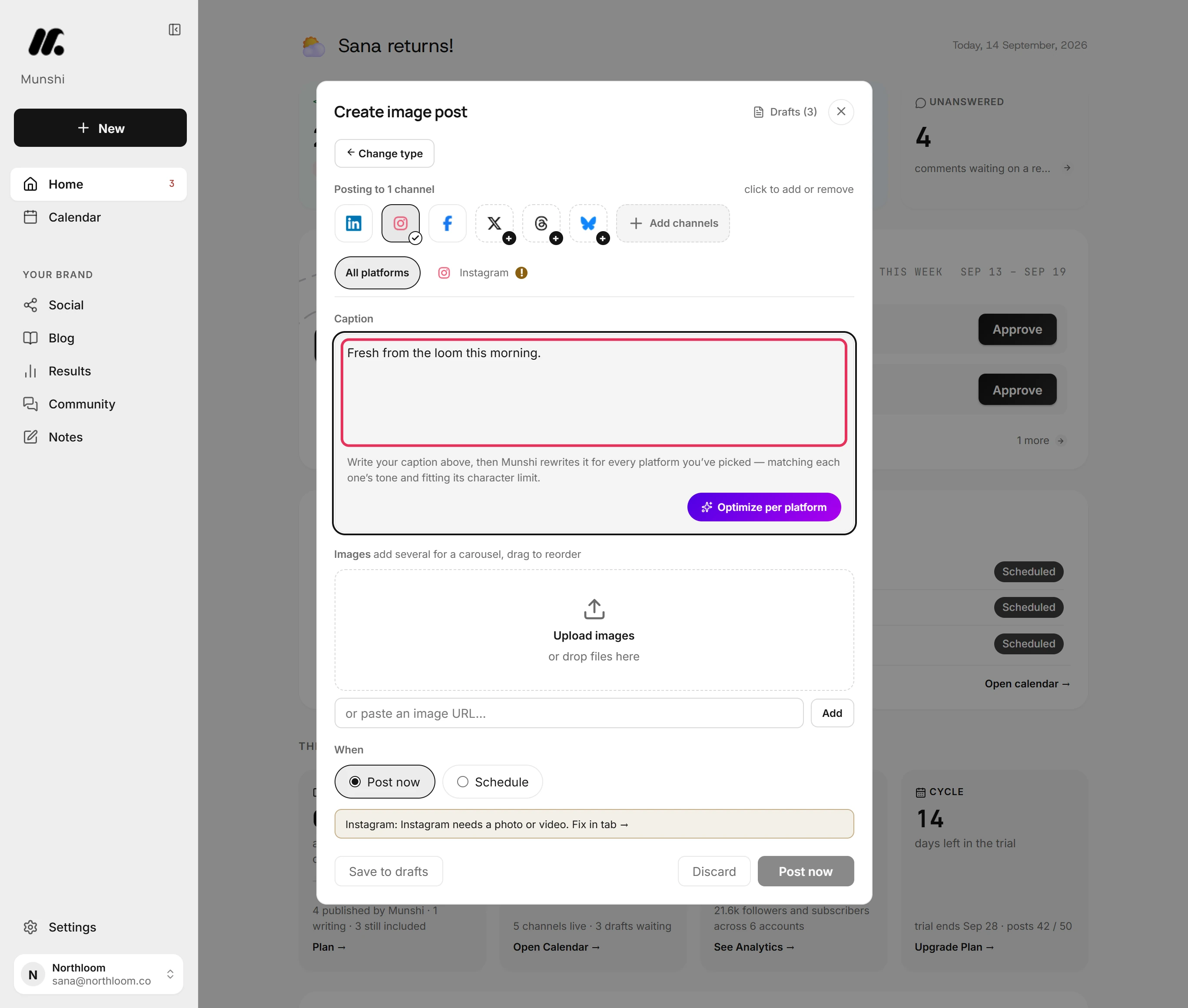 The Caption box in All platforms with a one-line caption typed in.