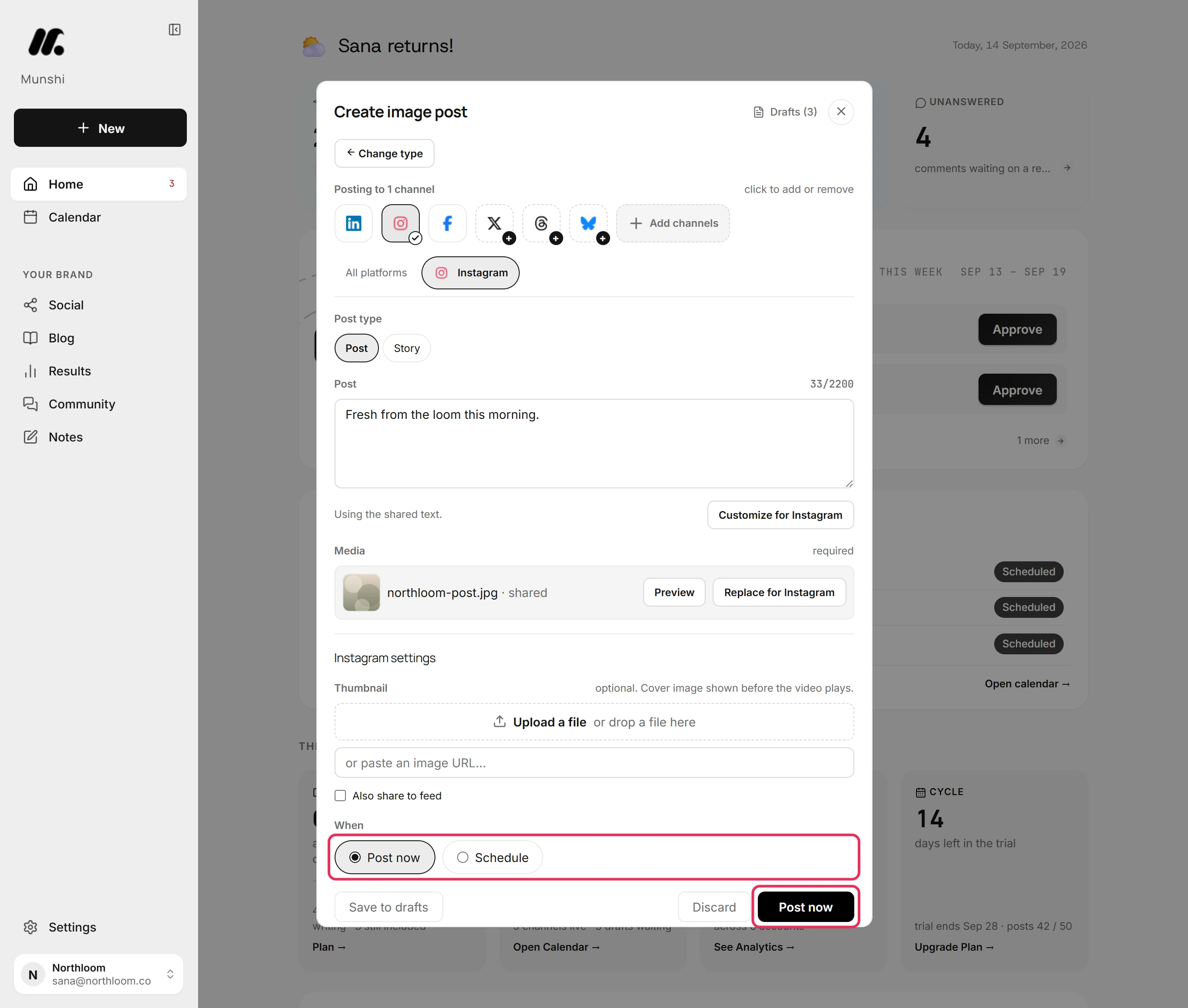 The When row with Post now selected, and the Post now button outlined in red.