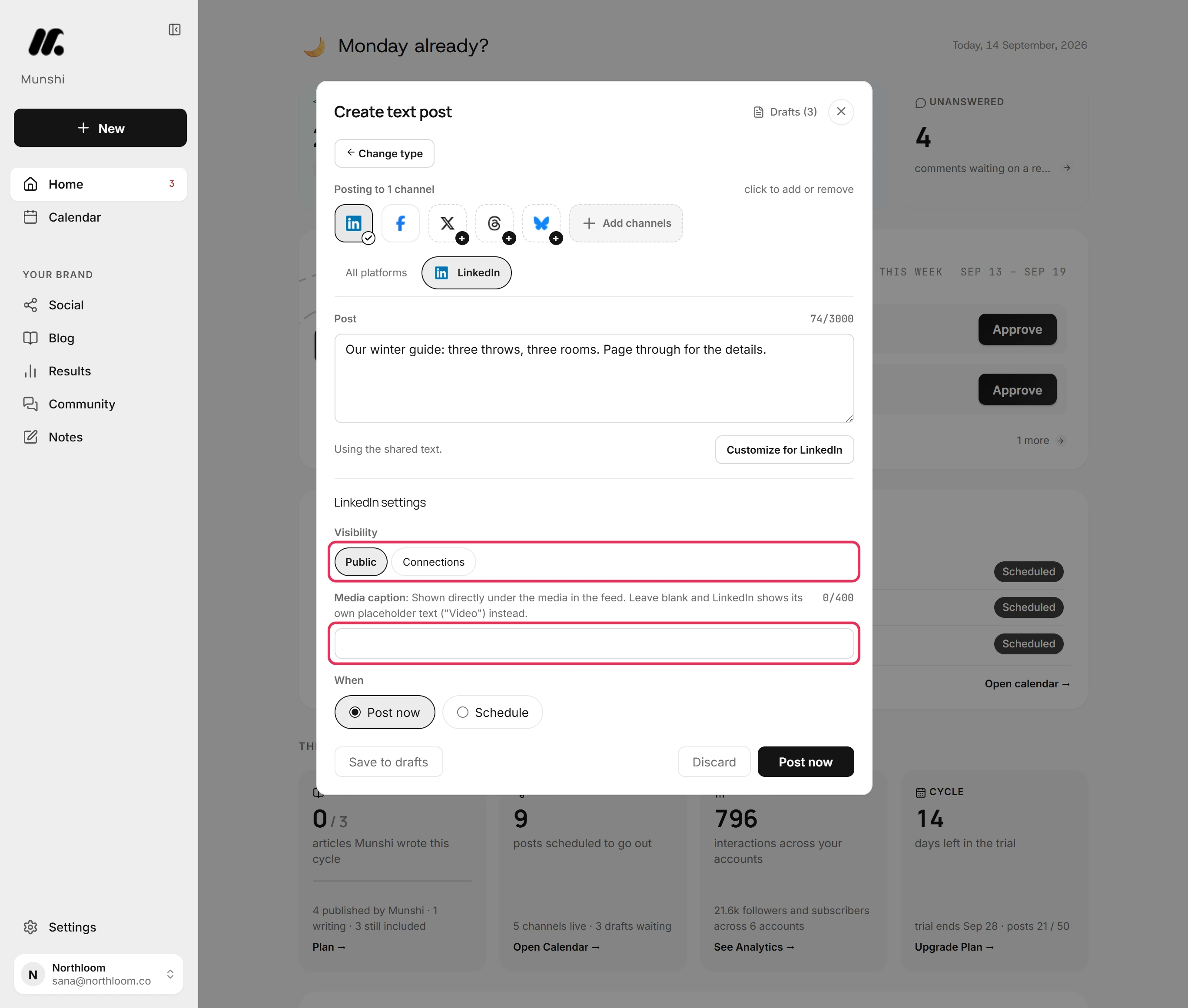 The LinkedIn tab with the character count, the Visibility choices and the Media caption field.