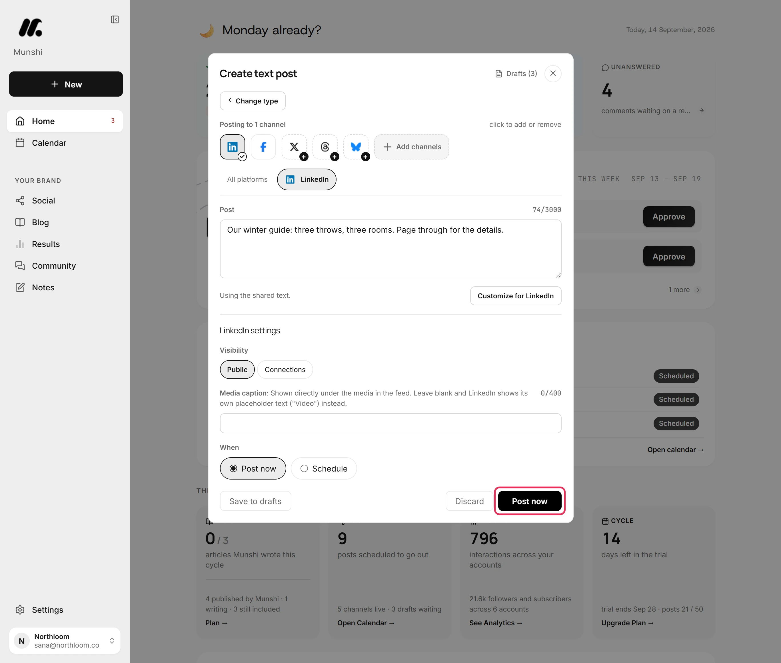 The Post now button at the bottom right of the composer, outlined in red.
