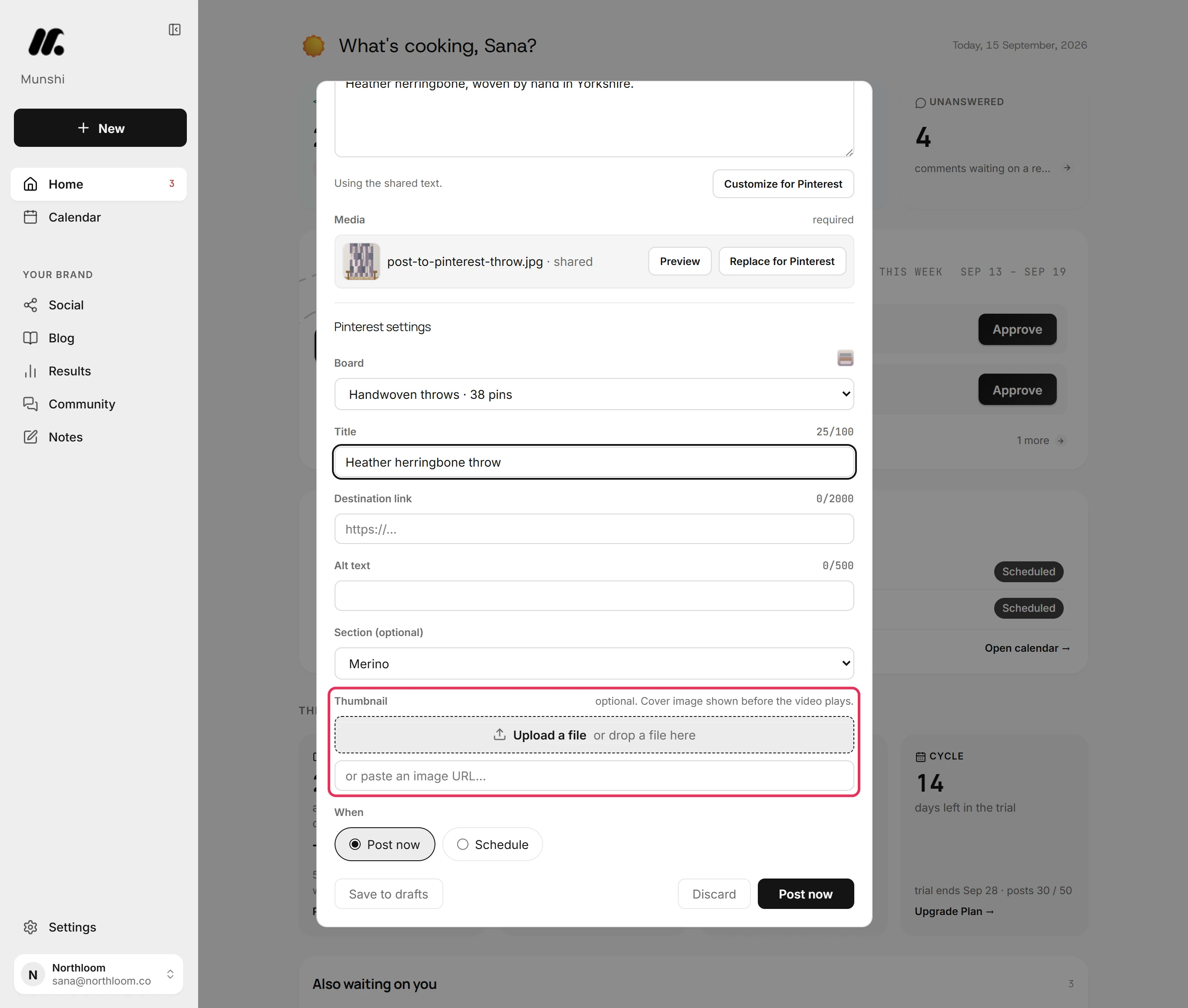 The Thumbnail field in the Pinterest settings, outlined.