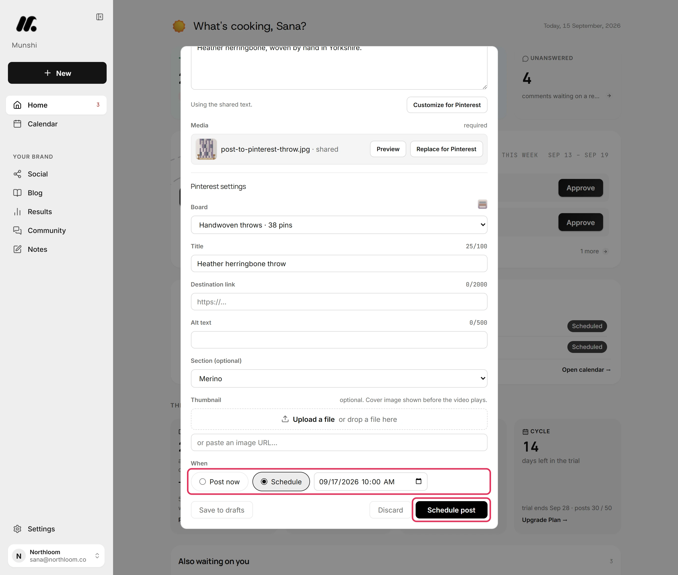 The When row with Schedule picked and a date and time set, and the Schedule post button outlined.