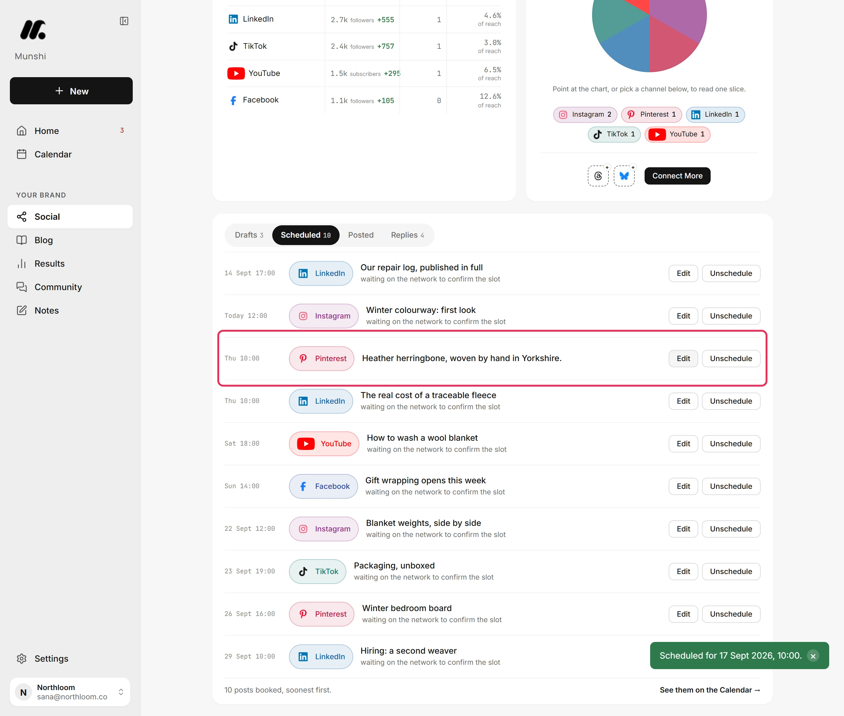 The Scheduled tab on Social with the Pinterest pin listed at its day and time, outlined.