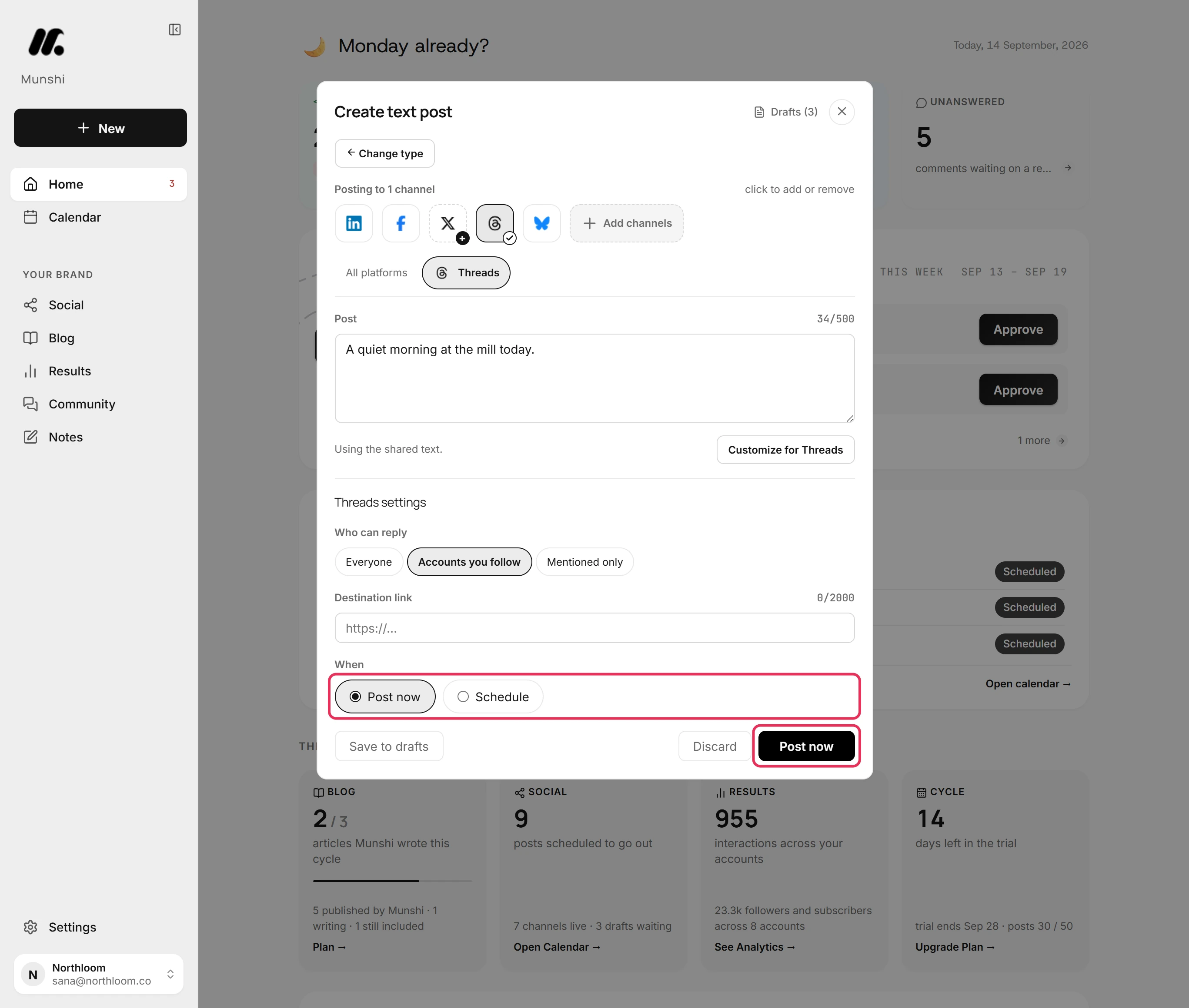 The When row with Post now selected, and the Post now button outlined in red.