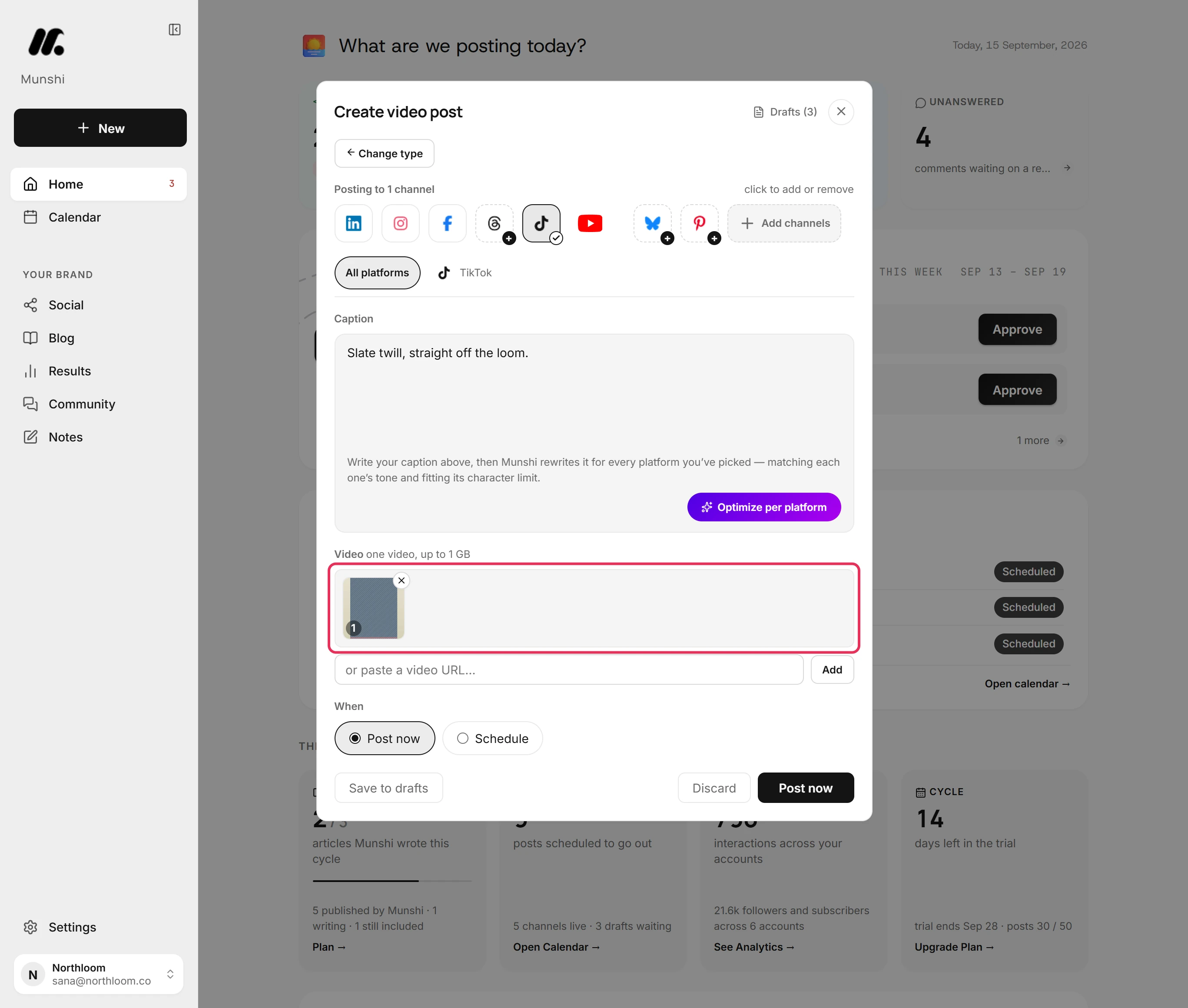 The Video area of the composer with the uploaded clip shown as a thumbnail.