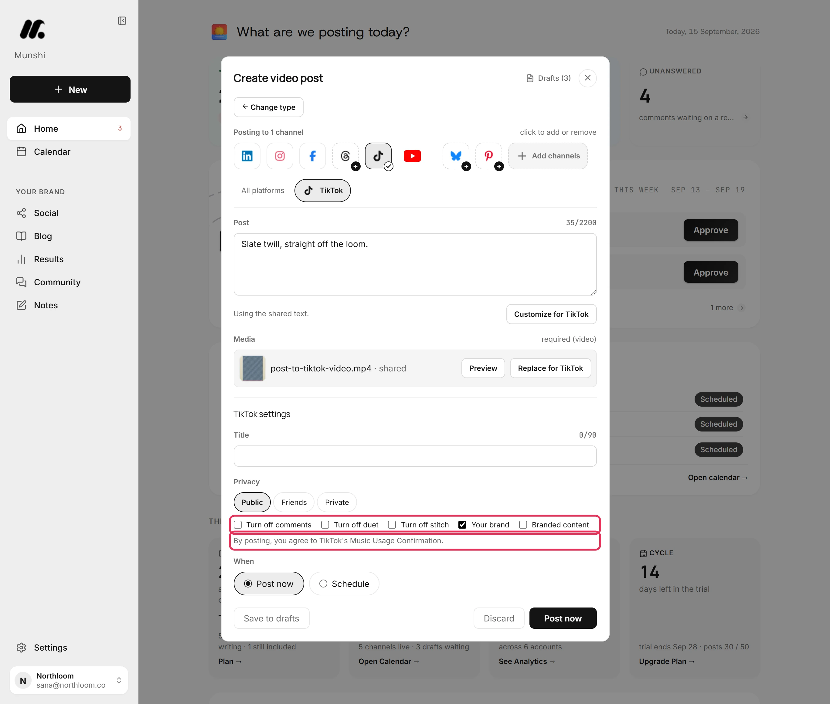 The TikTok switches with Your brand ticked and the line about TikTok's Music Usage Confirmation below them, outlined.