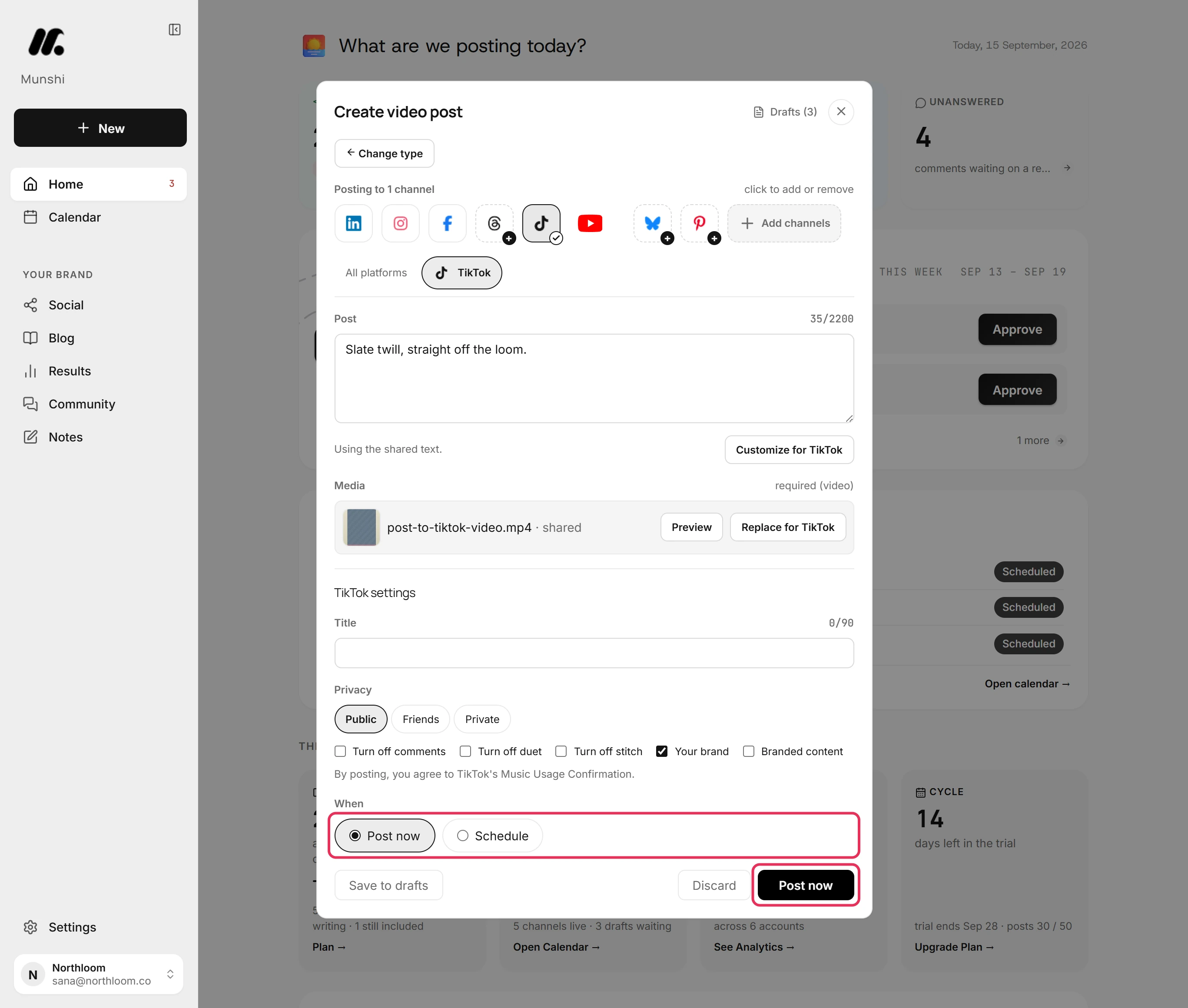 The When row with Post now selected, and the Post now button outlined in red.