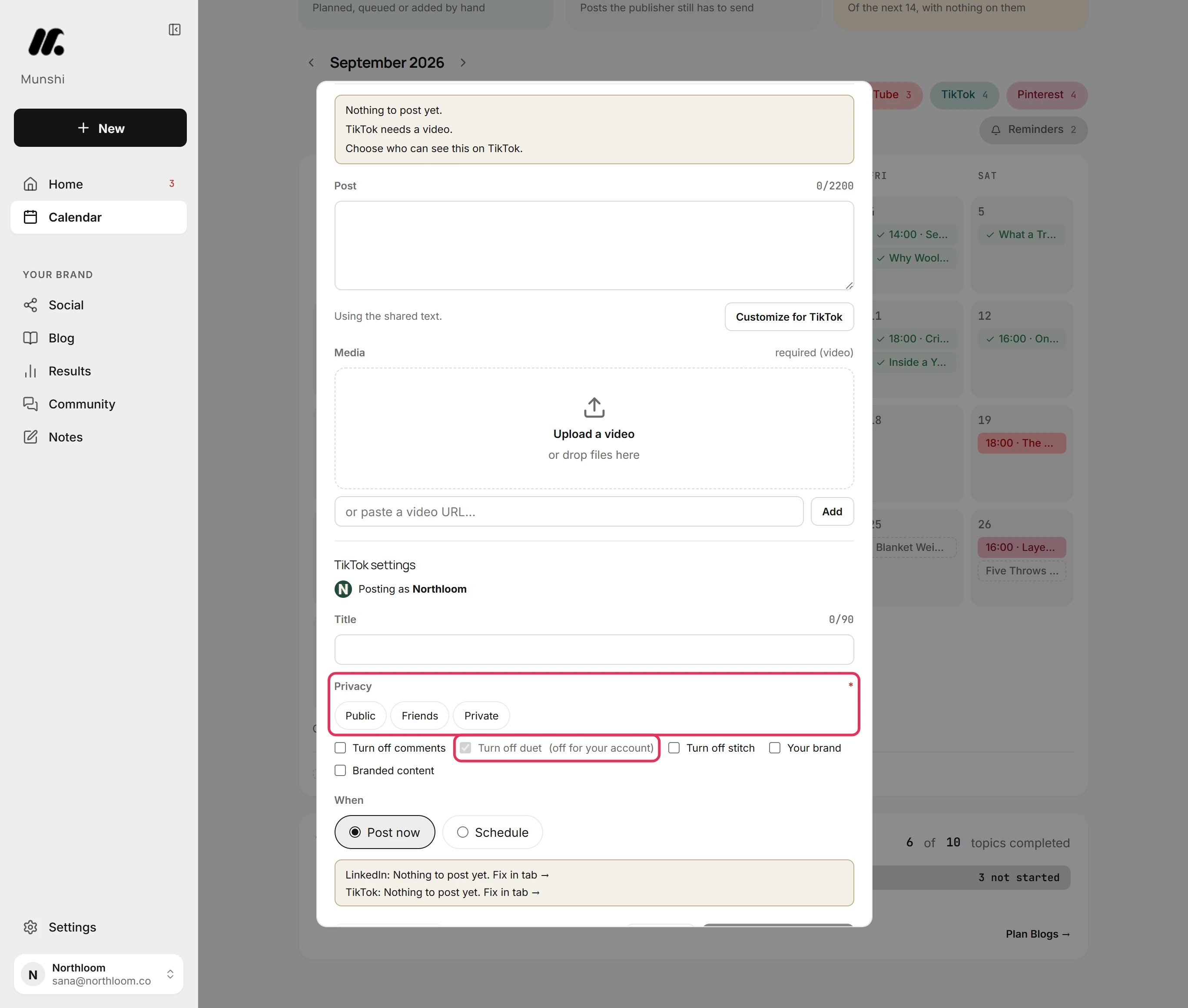 The required Privacy choice and the locked Turn off duet switch in the TikTok tab on a direct connection, outlined.