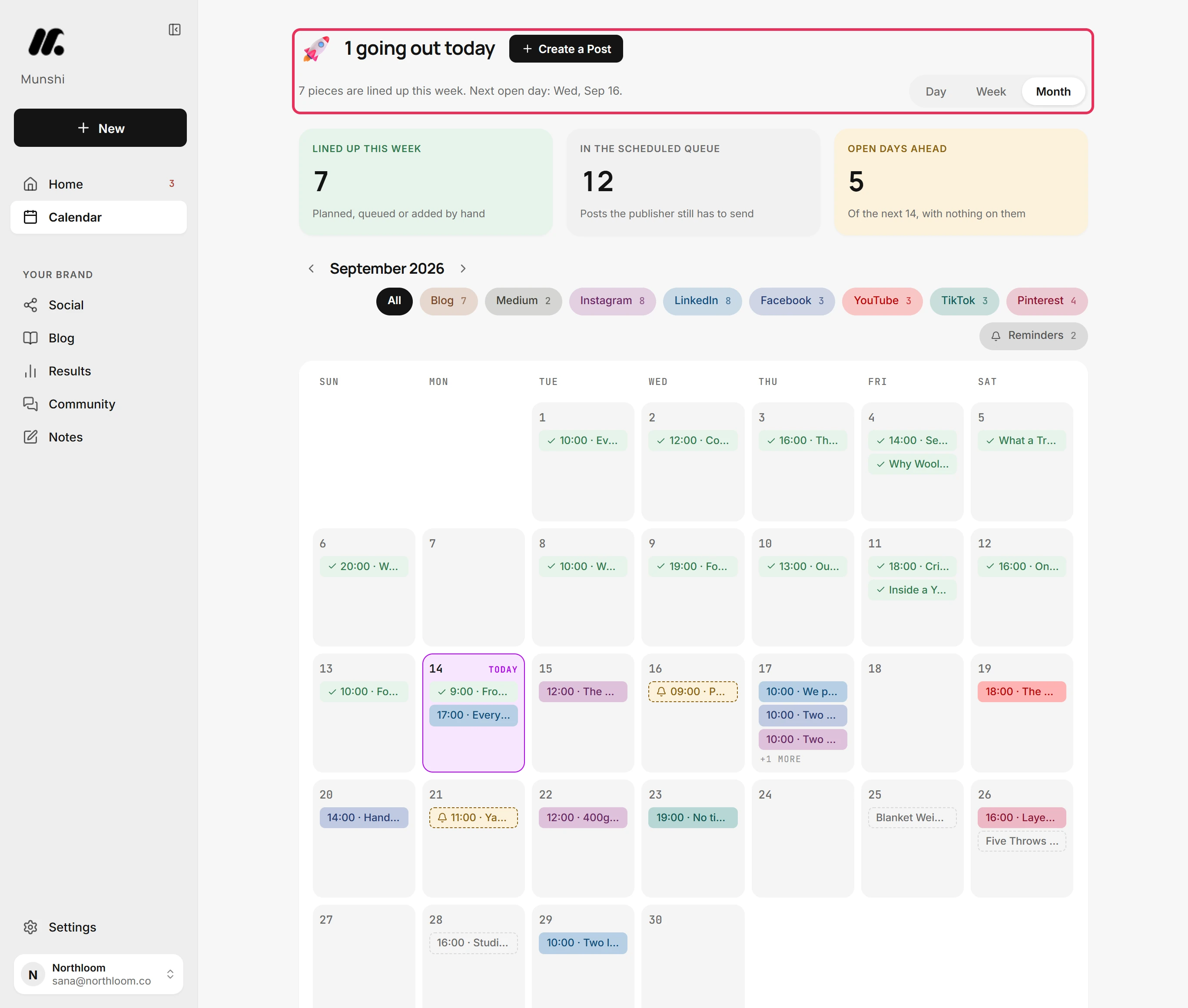 The top of the Calendar with the line about today, the Create a Post button and the Day, Week and Month switch.