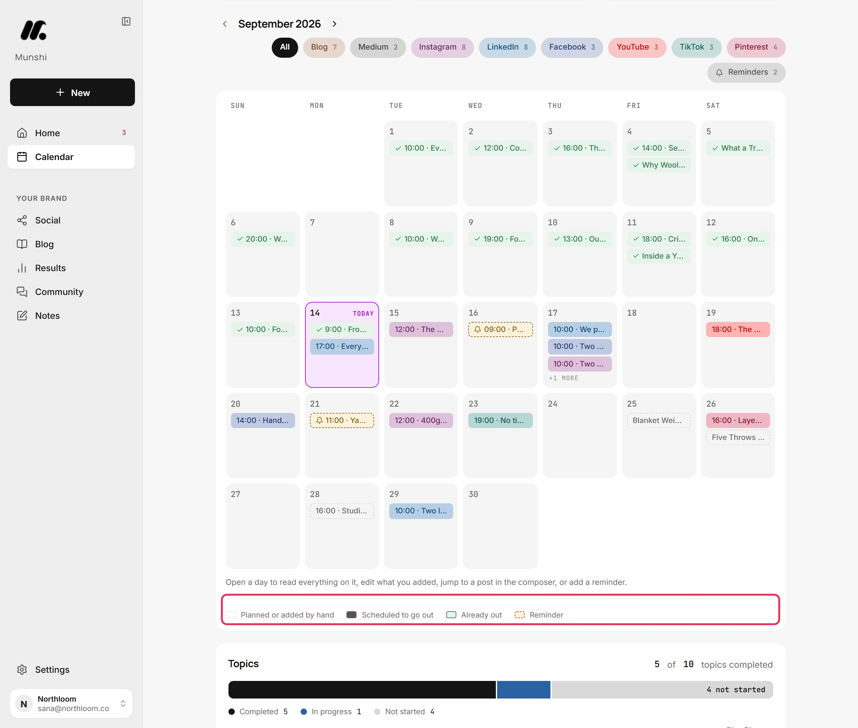 The key under the calendar: Planned or added by hand, Scheduled to go out, Already out and Reminder.