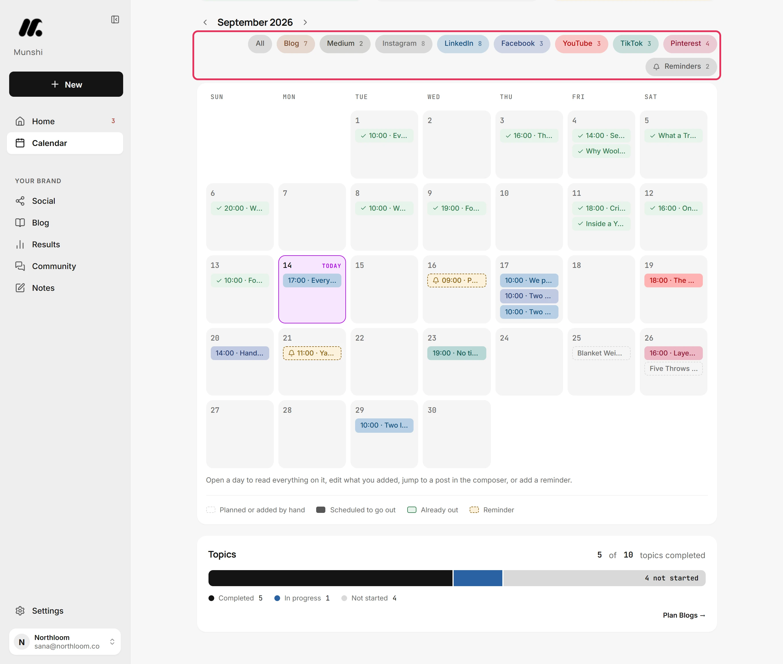 The channel pills above the calendar with Instagram switched off and its entries gone from the grid.