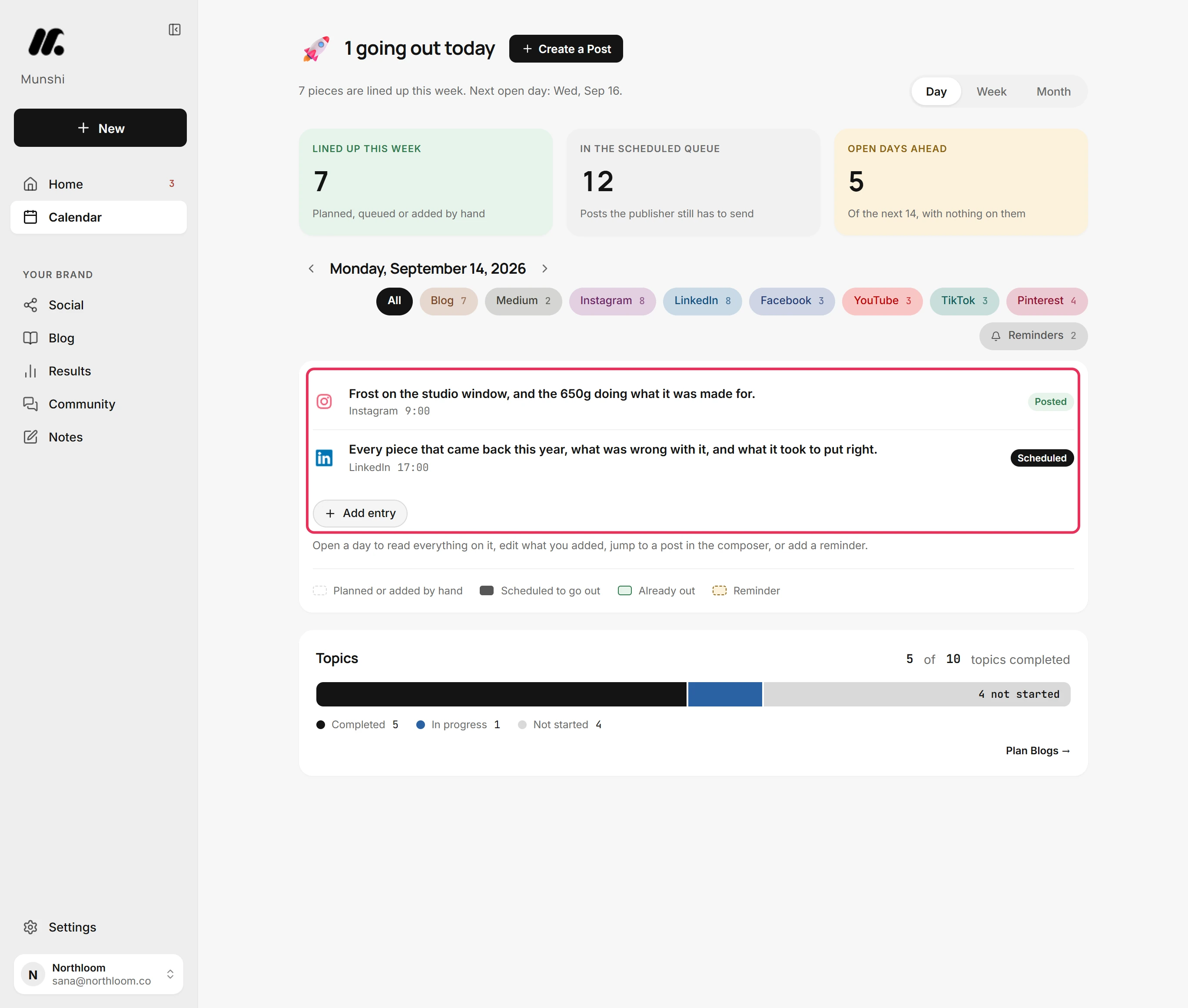 The day view listing the day's posts as rows, each with its network, time and a status label.