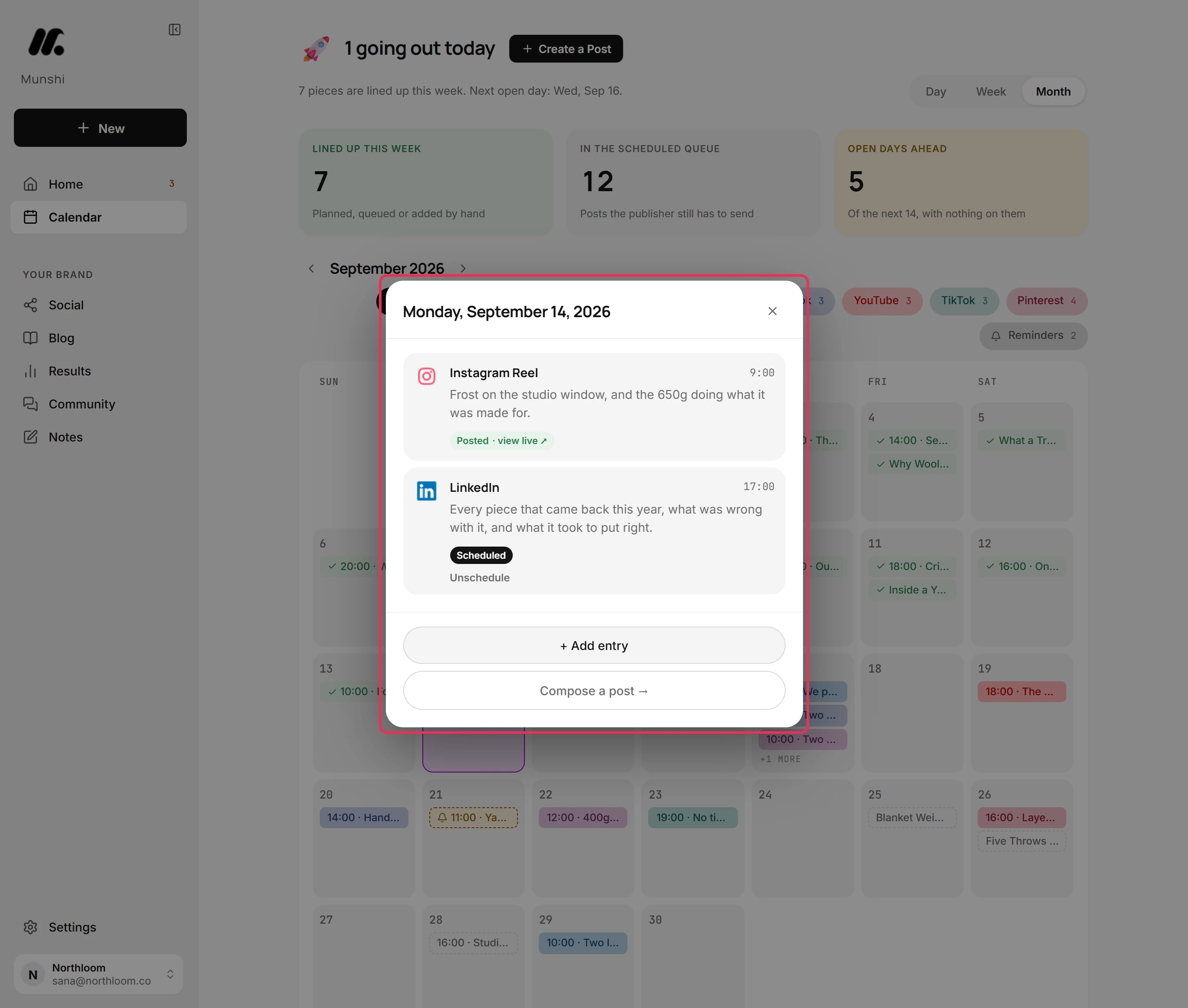 An open day listing its posts with their network, time and status, and Add entry and Compose a post at the bottom.