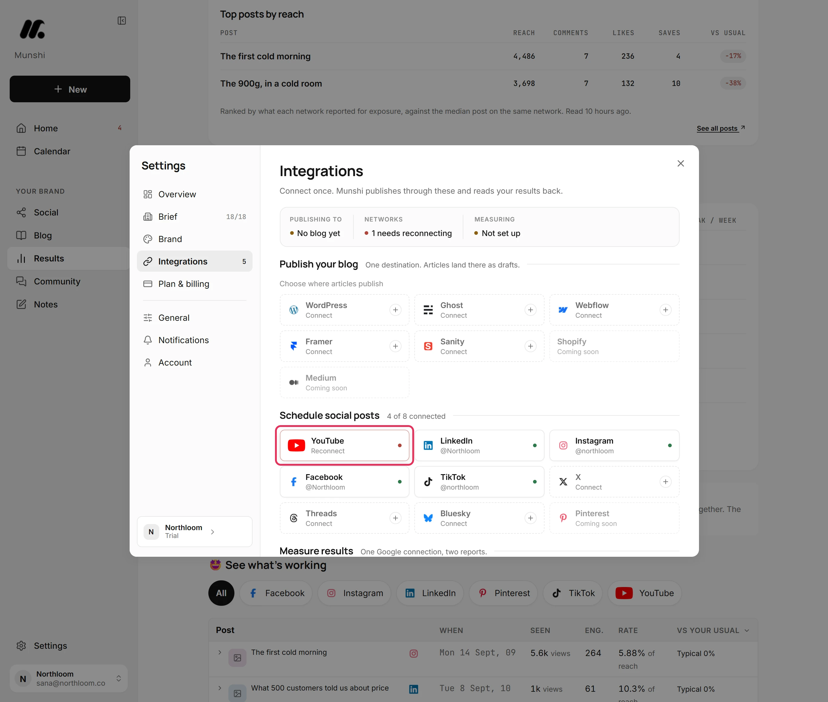 Integrations with the YouTube tile reading Reconnect, outlined.